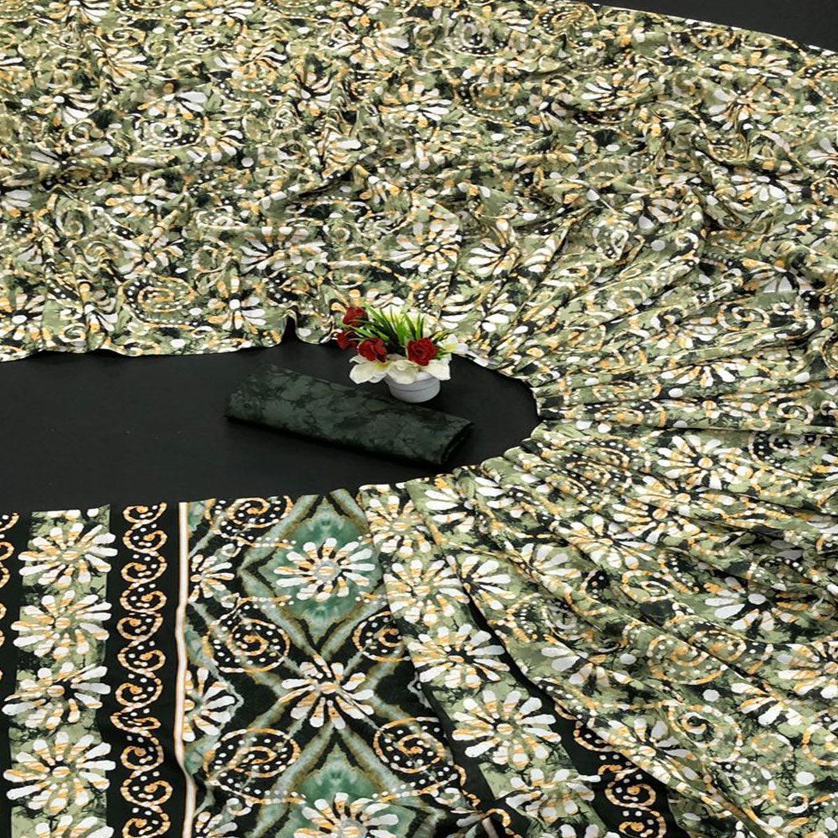 Green Digital Printed Vichitra Silk Saree - Peachmode