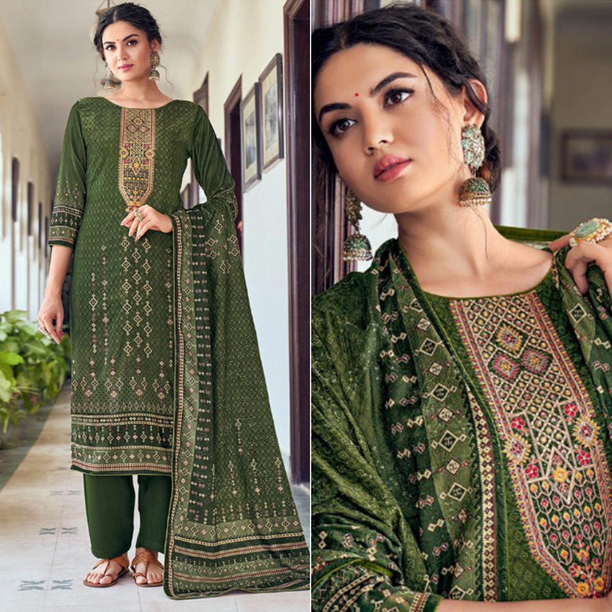 Green Digital Printed With Embroidered Velvet Salwar Suit - Peachmode