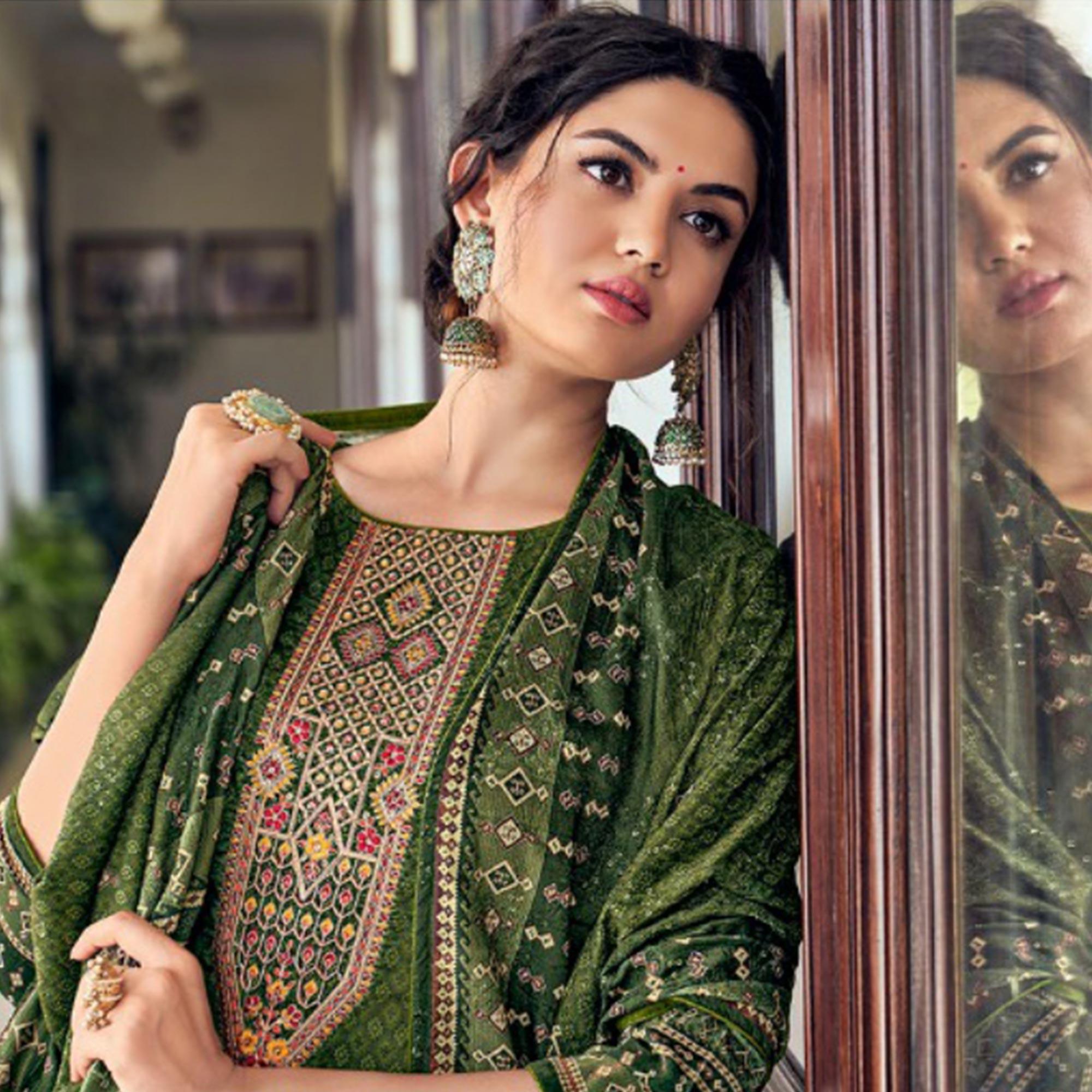 Green Digital Printed With Embroidered Velvet Salwar Suit - Peachmode