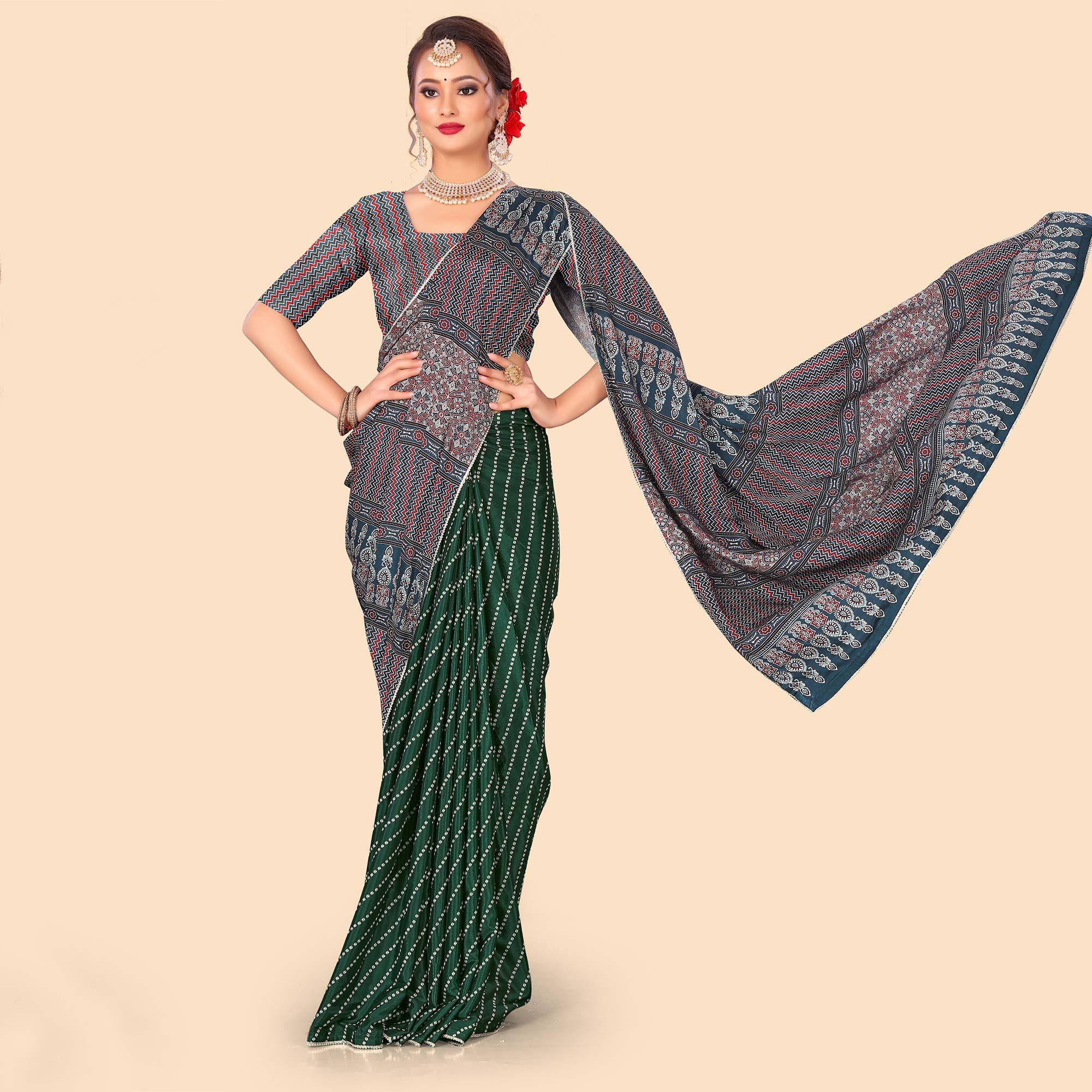 Green Digital Printed With Fancy Border Chiffon Saree - Peachmode