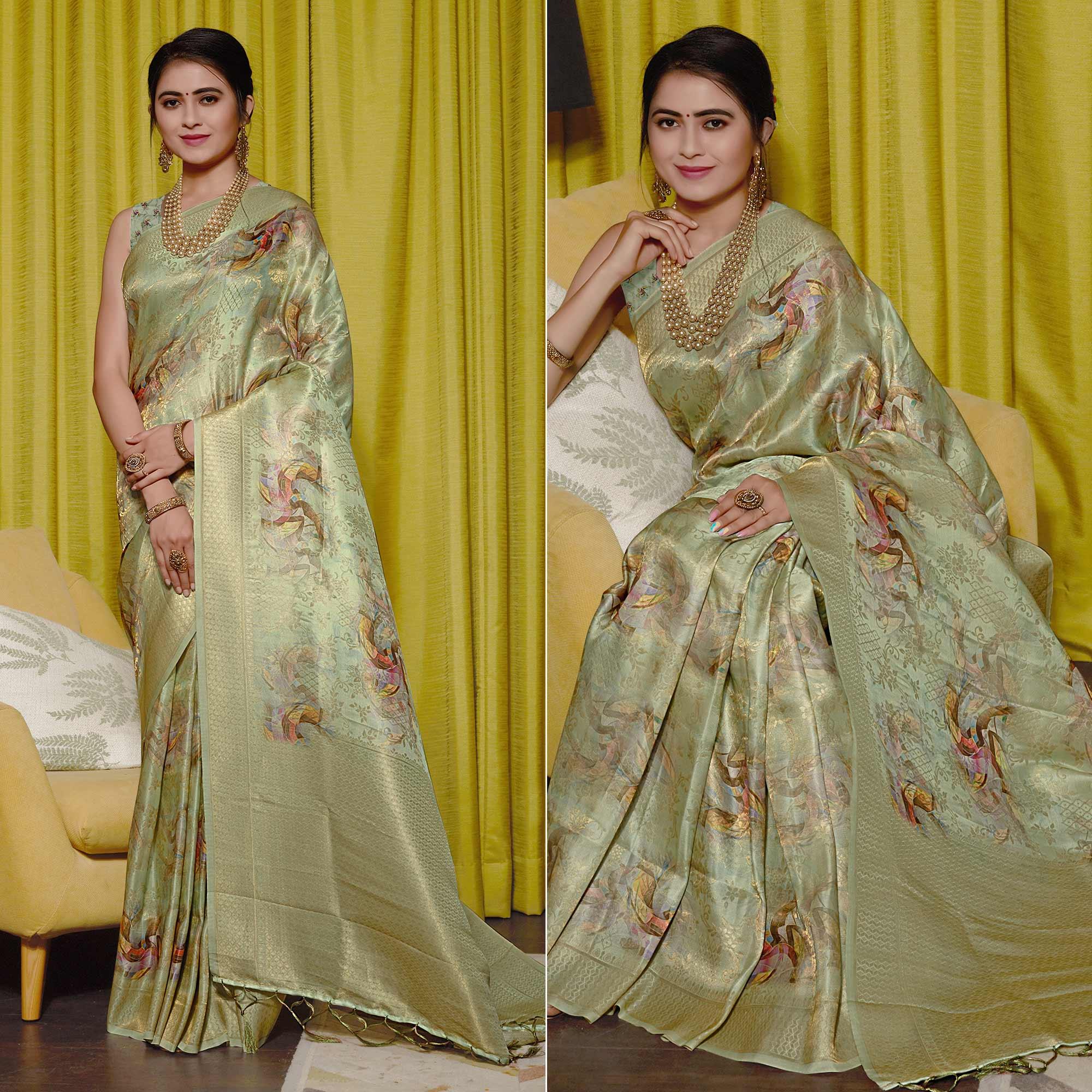 Green Digital Printed With Woven Art Silk Saree With Tassels - Peachmode