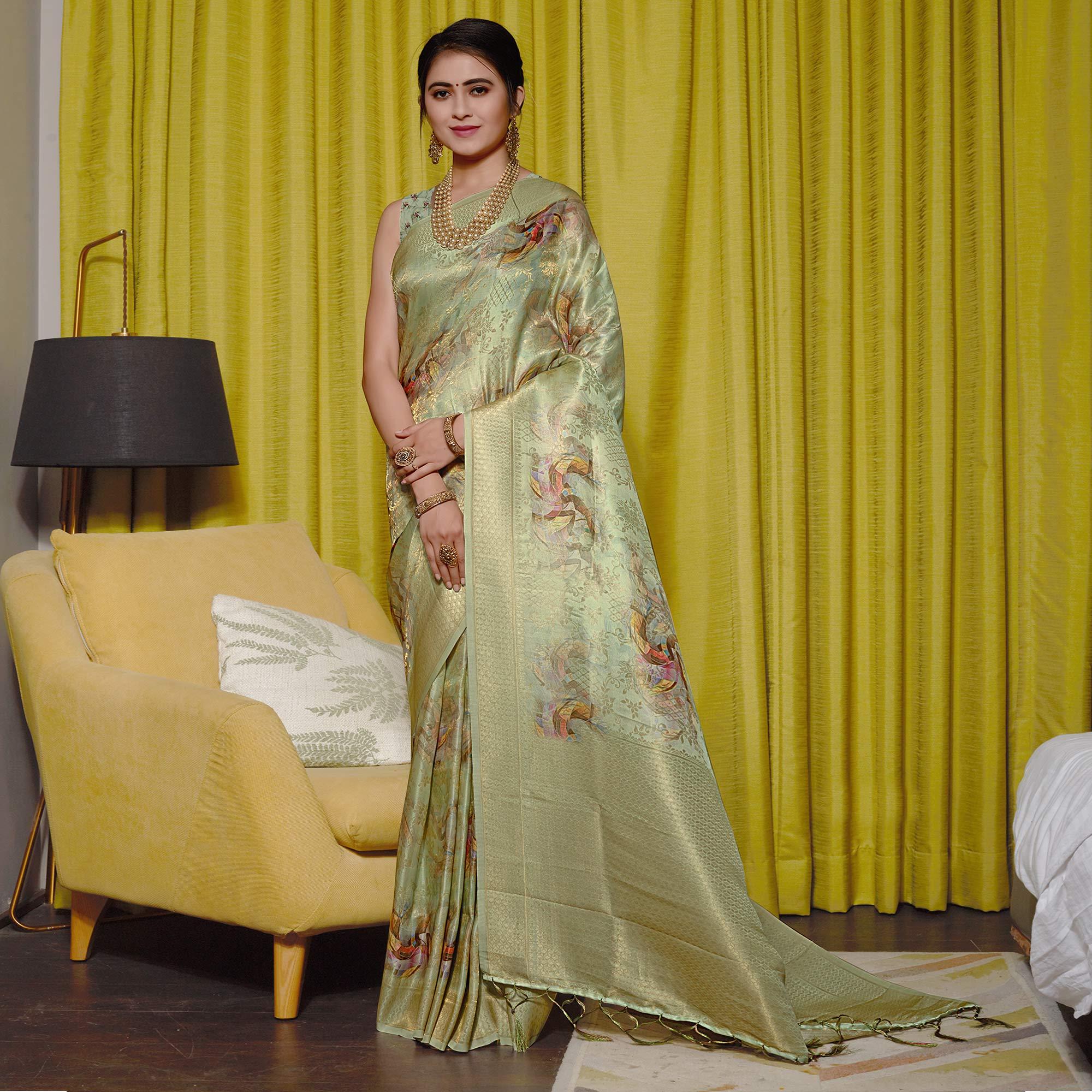 Green Digital Printed With Woven Art Silk Saree With Tassels - Peachmode