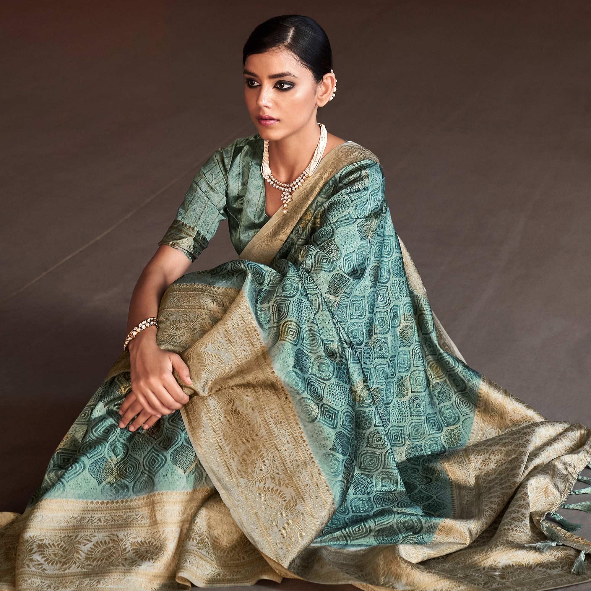Green Digital Printed With Woven Border Art Silk Saree - Peachmode