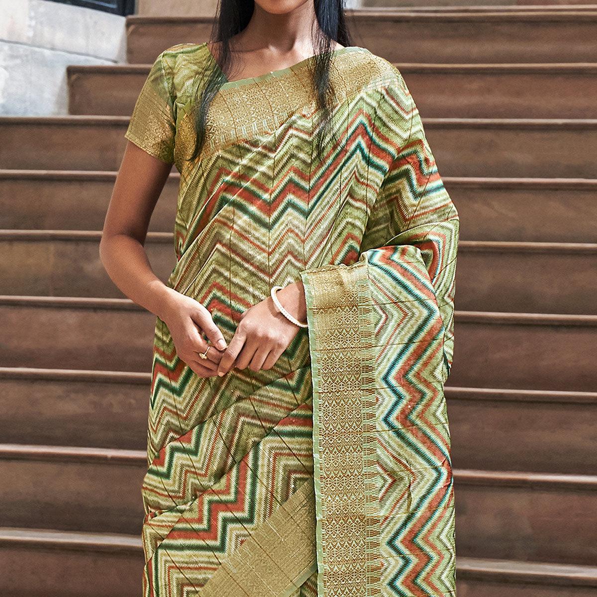 Green Digital Printed-Woven Art Silk Saree With Tassels - Peachmode