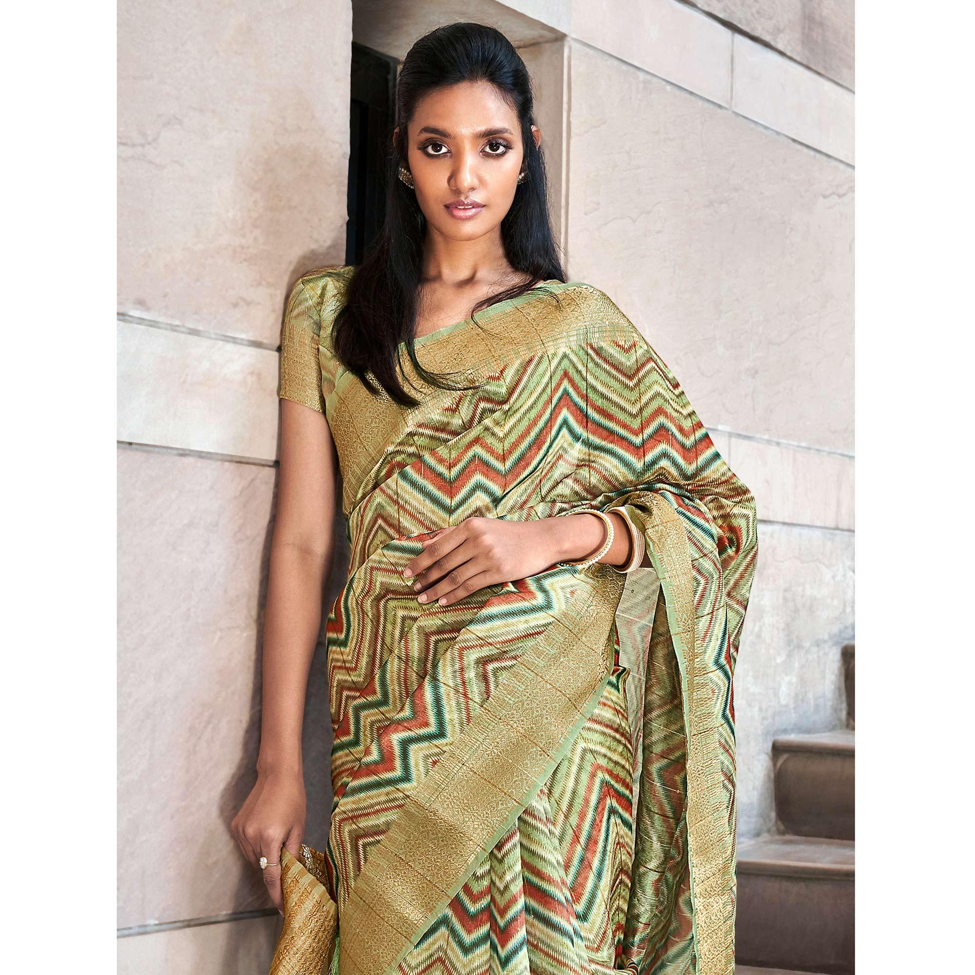Green Digital Printed-Woven Art Silk Saree With Tassels - Peachmode