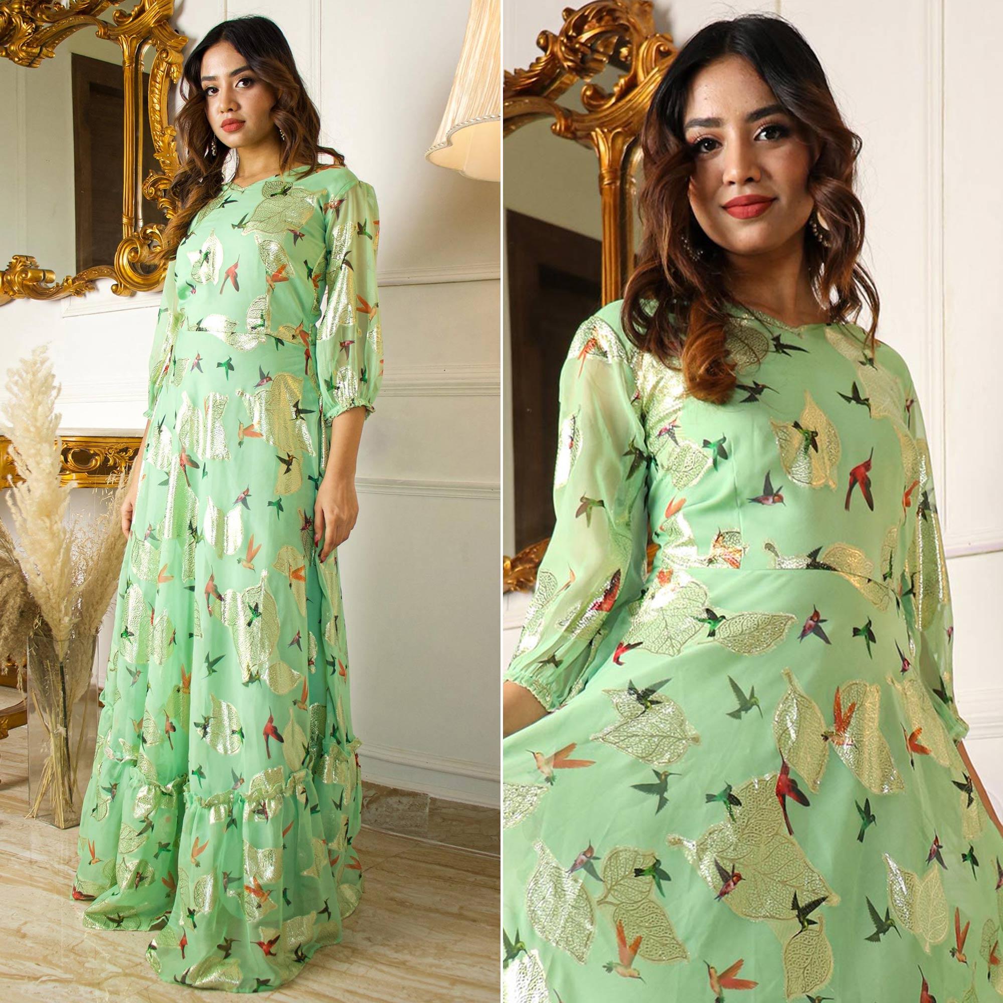 Green Digital Sparrow Printed Jacquard-Georgette Partywear Gown - Peachmode