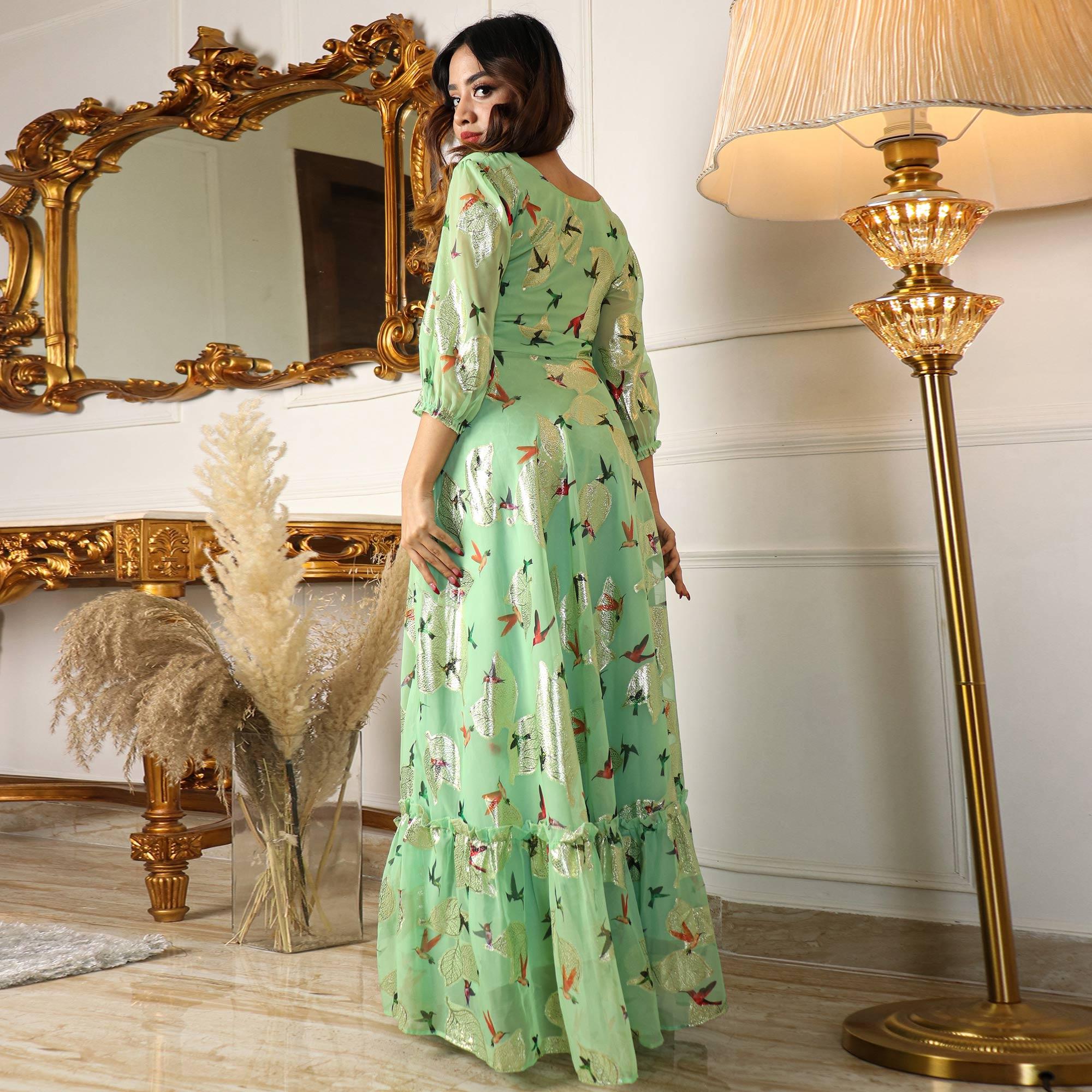 Green Digital Sparrow Printed Jacquard-Georgette Partywear Gown - Peachmode