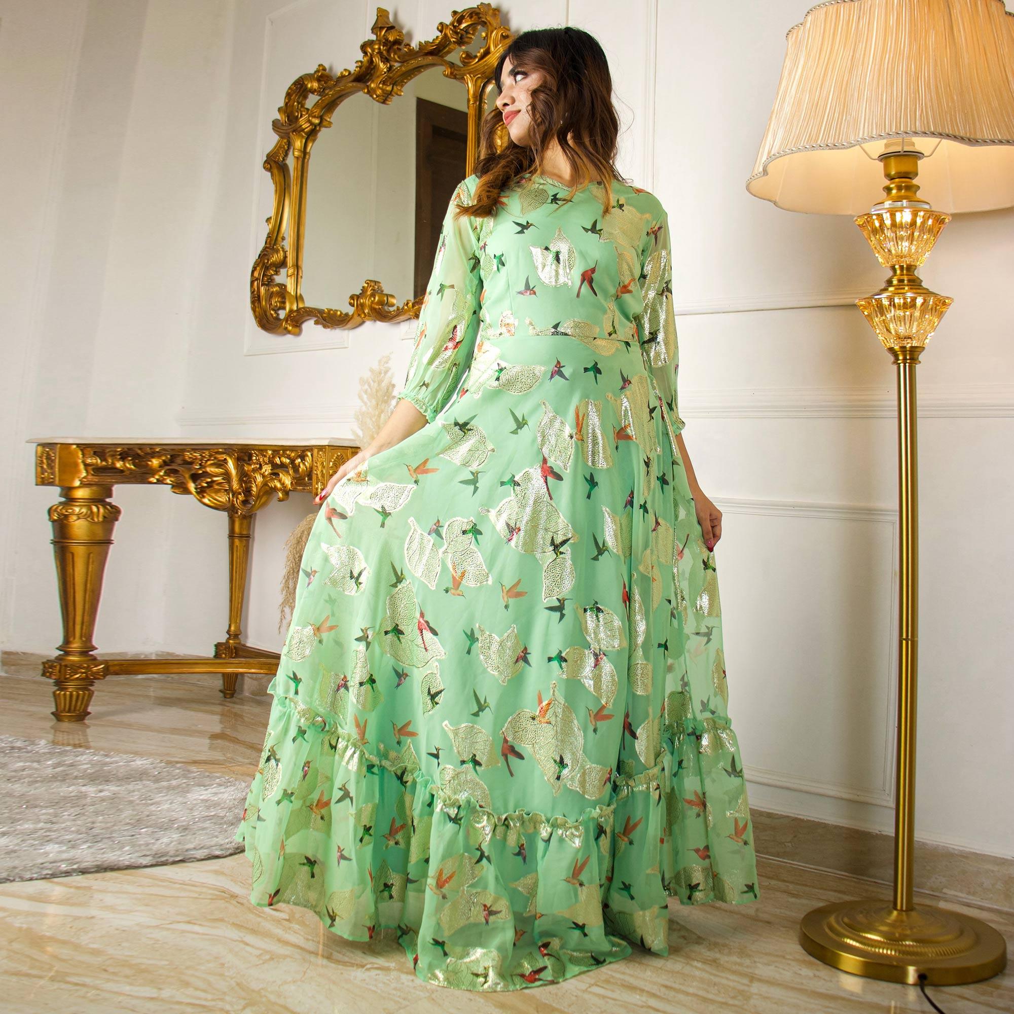 Green Digital Sparrow Printed Jacquard-Georgette Partywear Gown - Peachmode