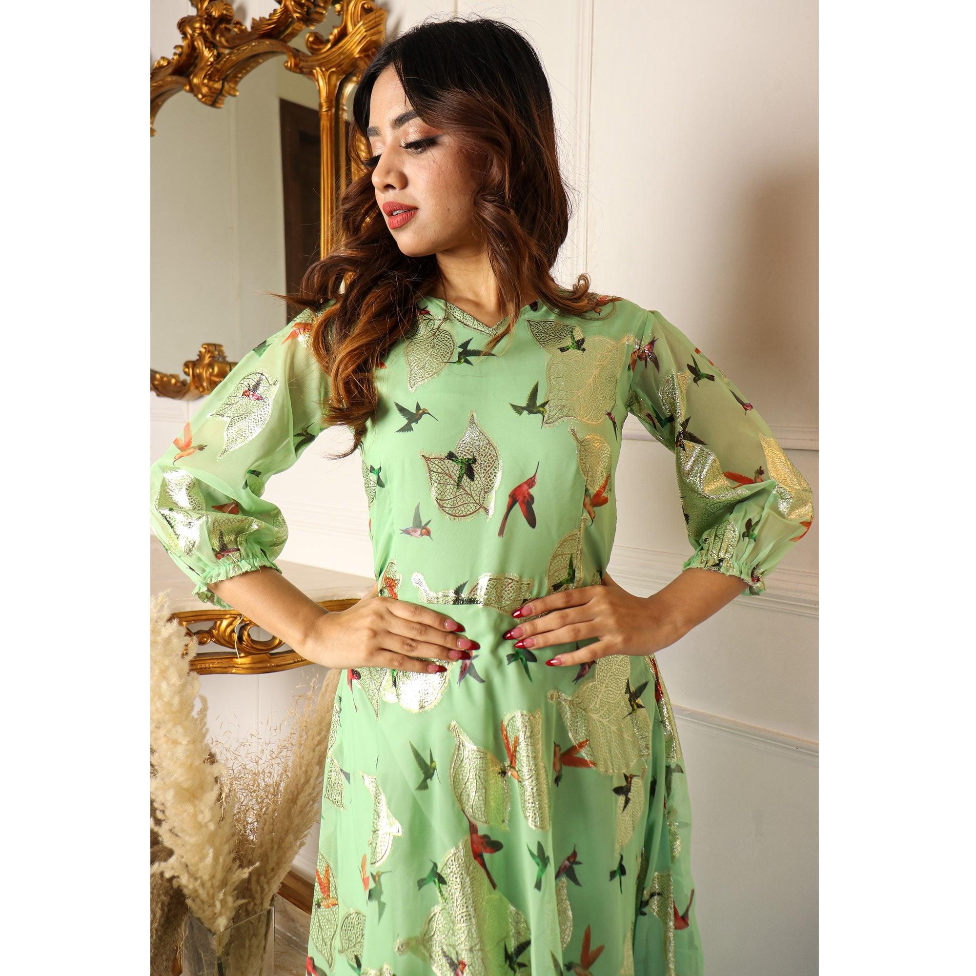 Green Digital Sparrow Printed Jacquard-Georgette Partywear Gown - Peachmode