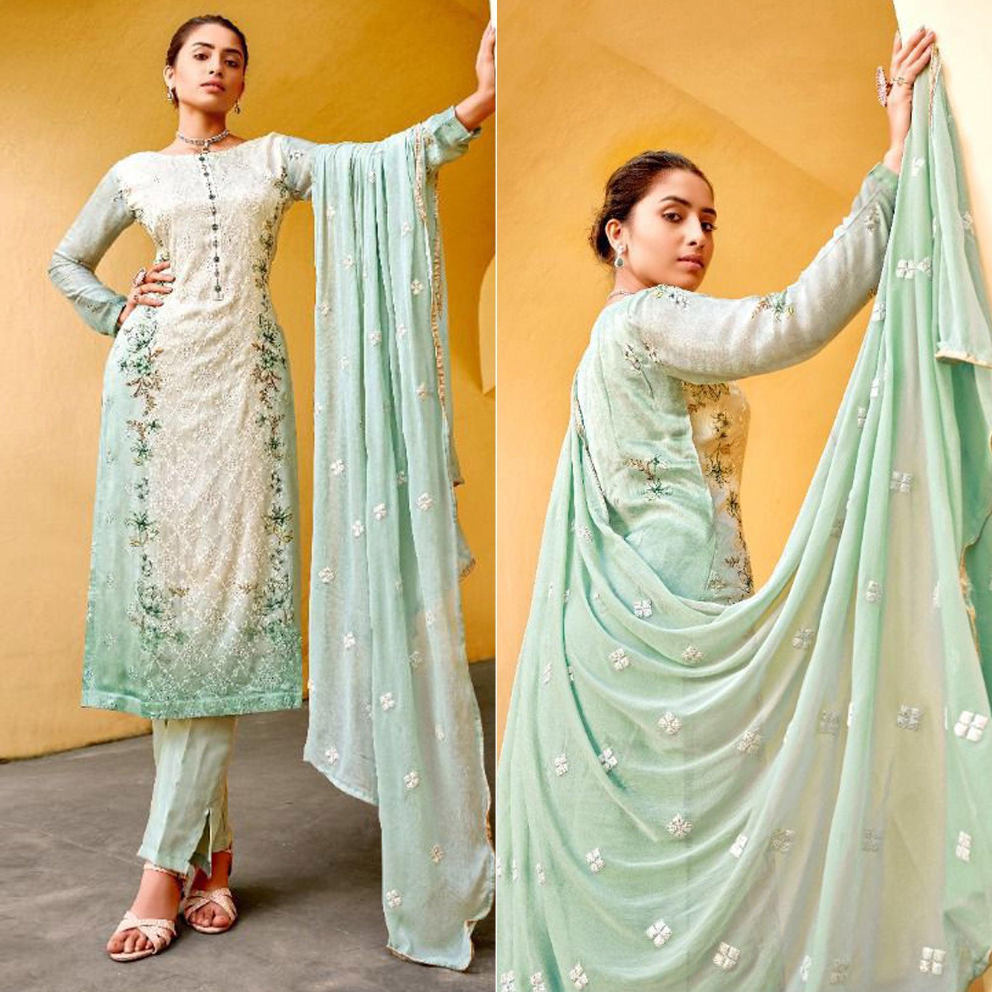 Green Embellished & Embroidered Chiffon Partywear Suit - Peachmode