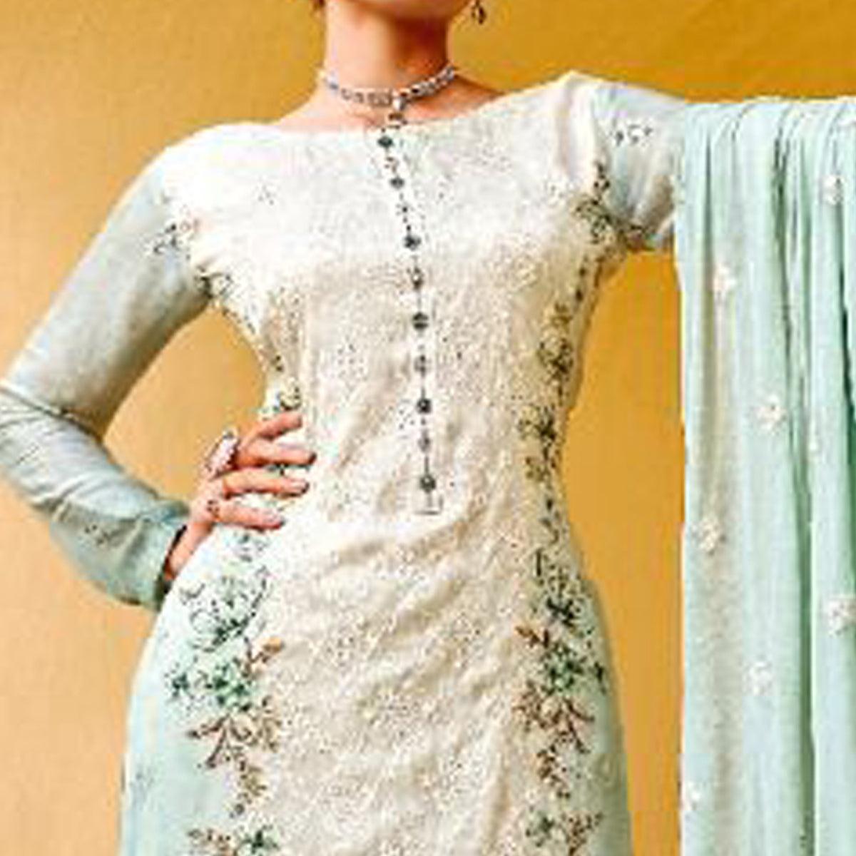 Green Embellished & Embroidered Chiffon Partywear Suit - Peachmode