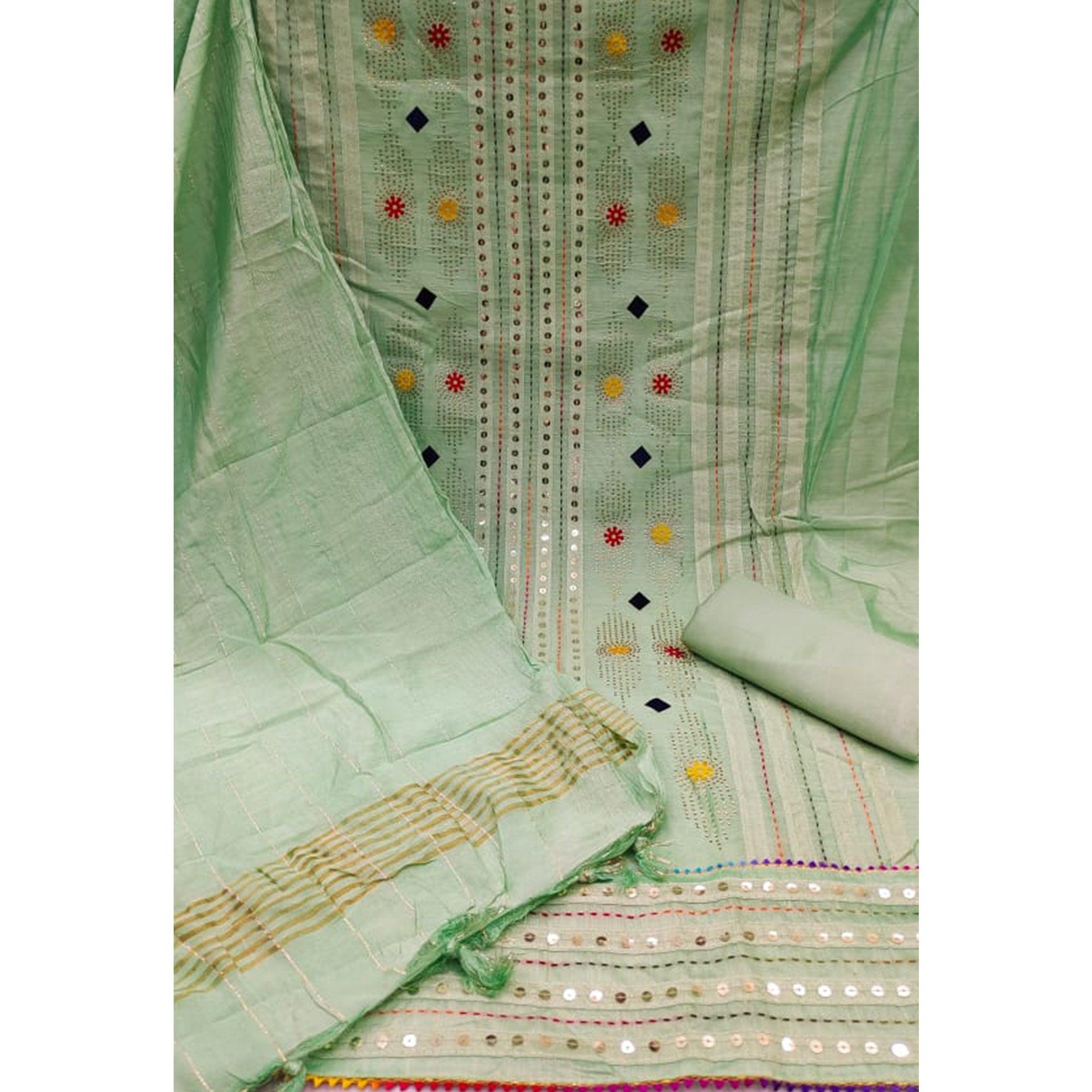 Green Embellished Chanderi Dress Material - Peachmode