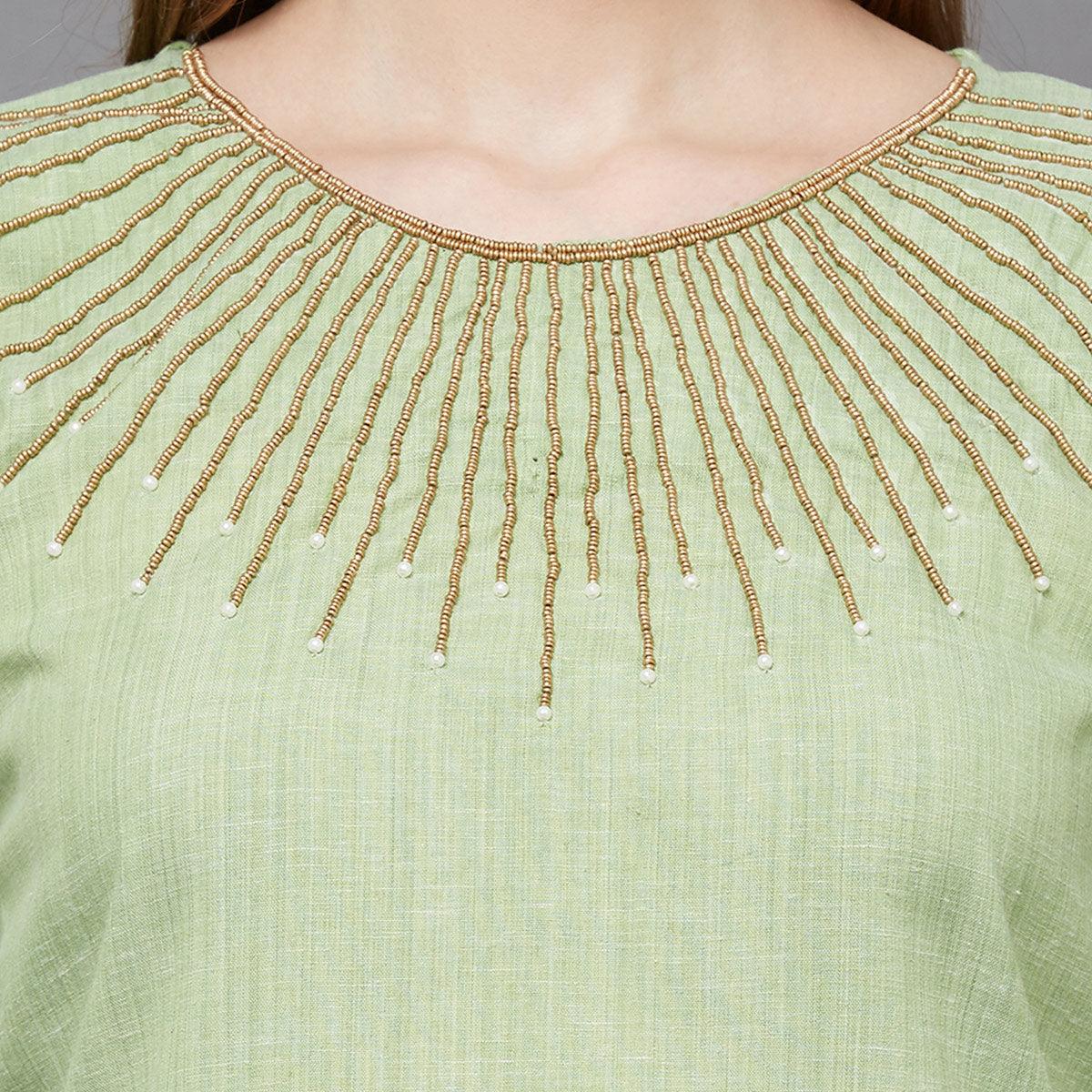 Green Embellished Poly Cotton Kurti - Peachmode