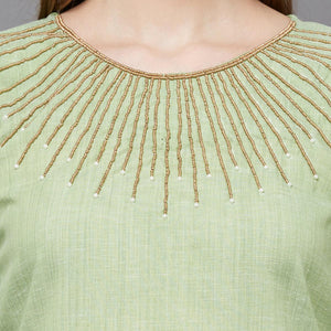 Green Embellished Poly Cotton Kurti - Peachmode