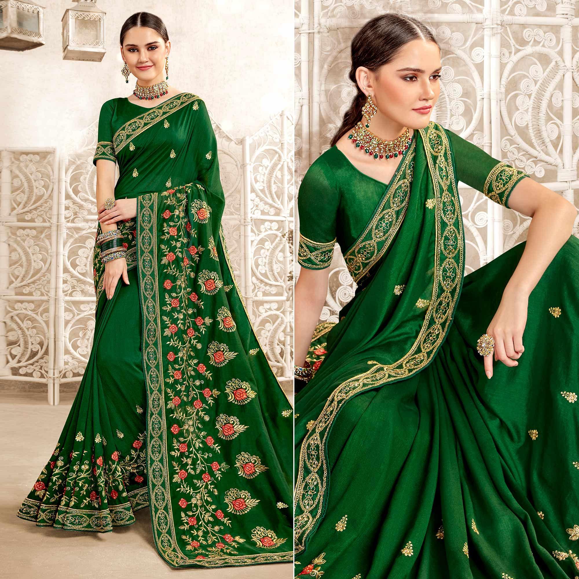 Green Embellished With Embroidered Art Silk Saree - Peachmode