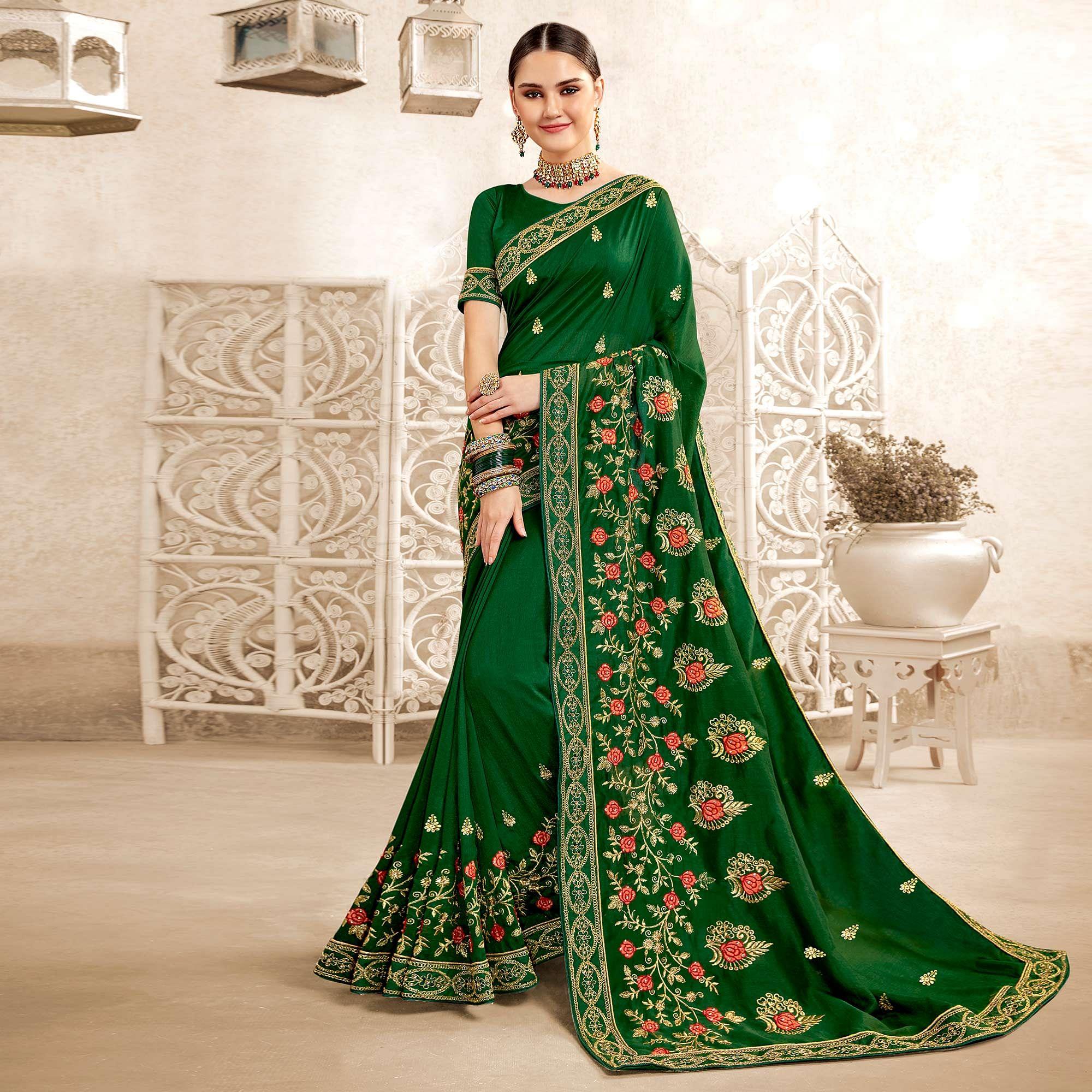 Green Embellished With Embroidered Art Silk Saree - Peachmode
