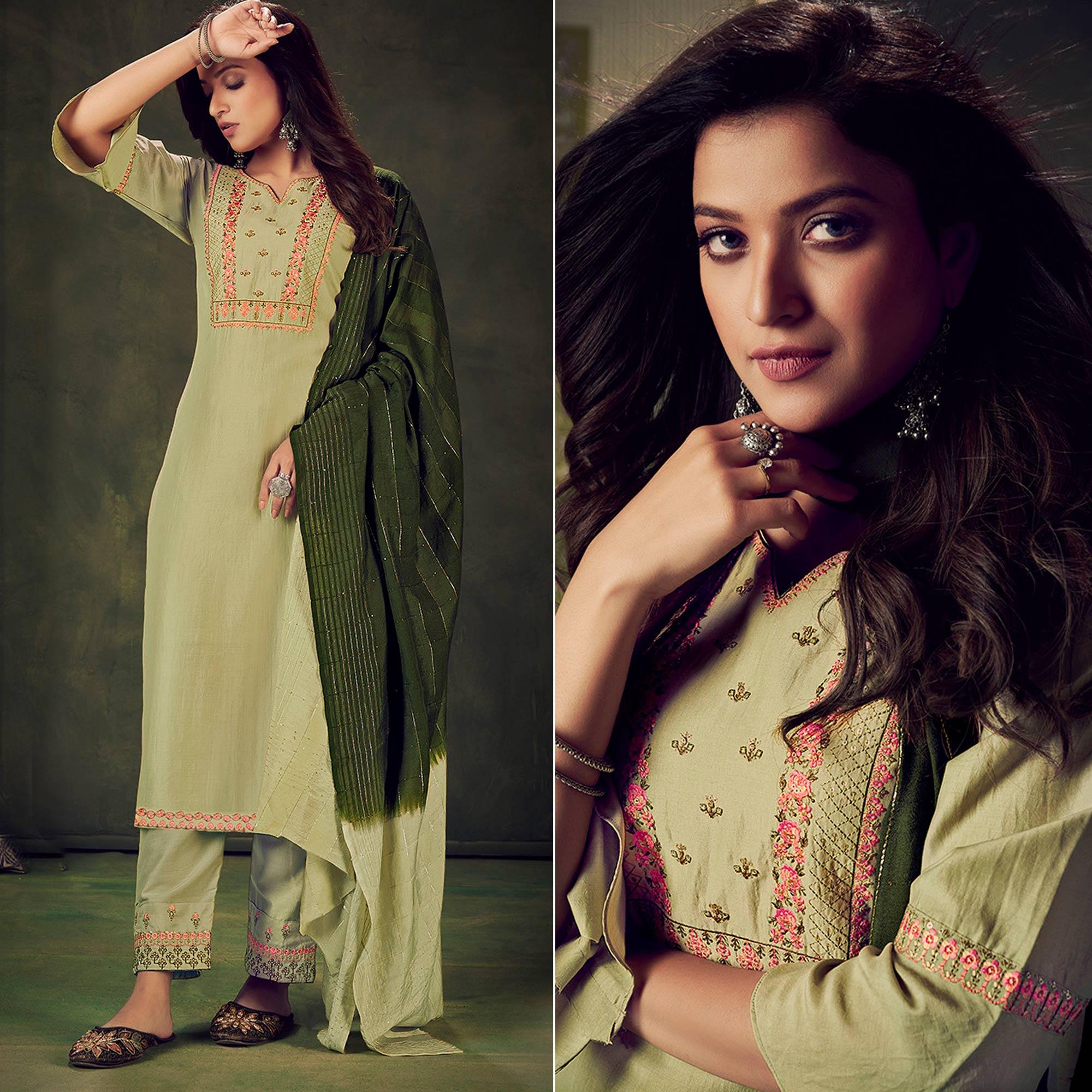 Green Embellished With Embroidered Chiffon Kurti Pant Set With Dupatta - Peachmode
