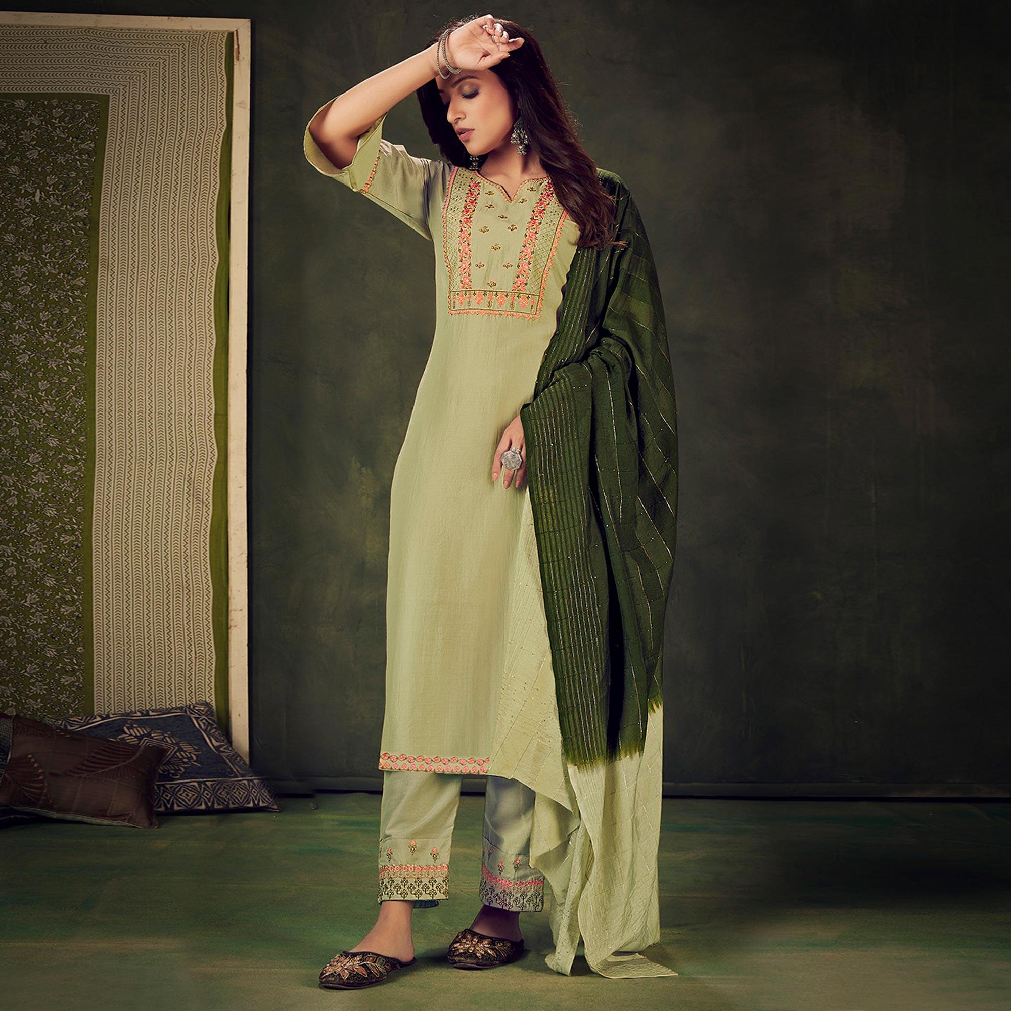 Green Embellished With Embroidered Chiffon Kurti Pant Set With Dupatta - Peachmode