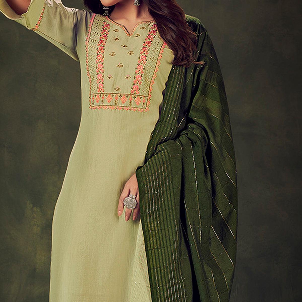 Green Embellished With Embroidered Chiffon Kurti Pant Set With Dupatta - Peachmode