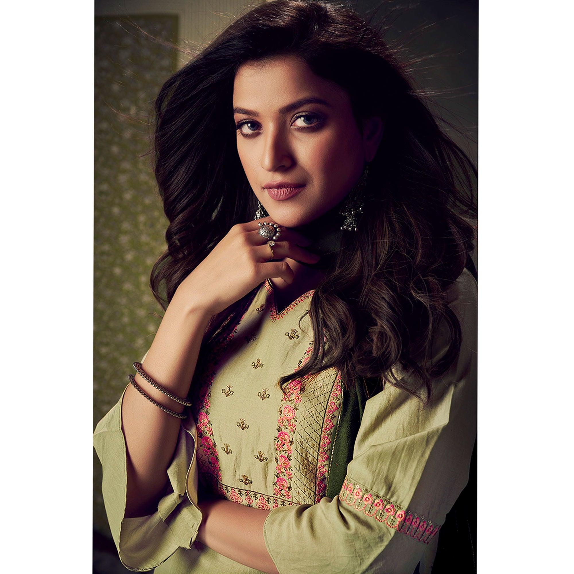 Green Embellished With Embroidered Chiffon Kurti Pant Set With Dupatta - Peachmode