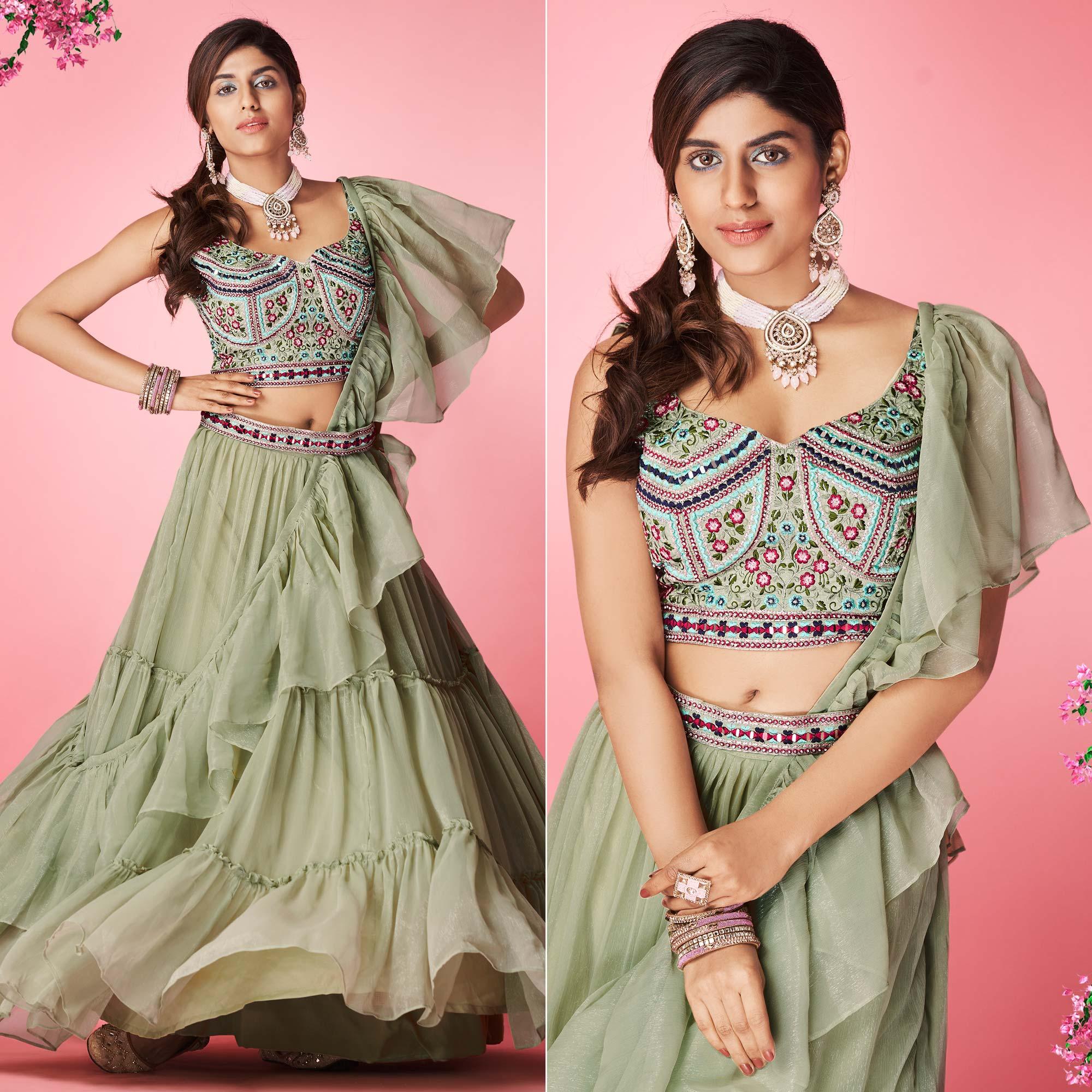 Green Embellished With Embroidered Chiffon Lehenga Choli - Peachmode