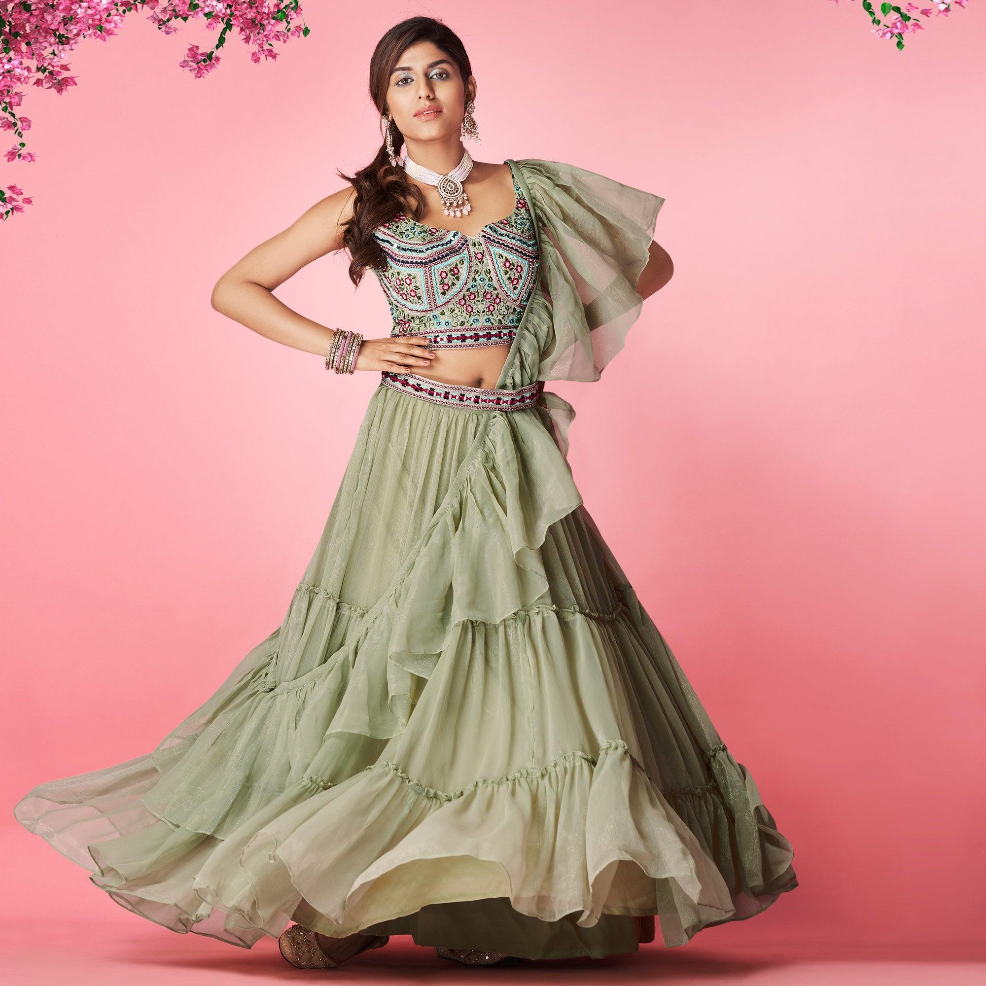 Green Embellished With Embroidered Chiffon Lehenga Choli - Peachmode