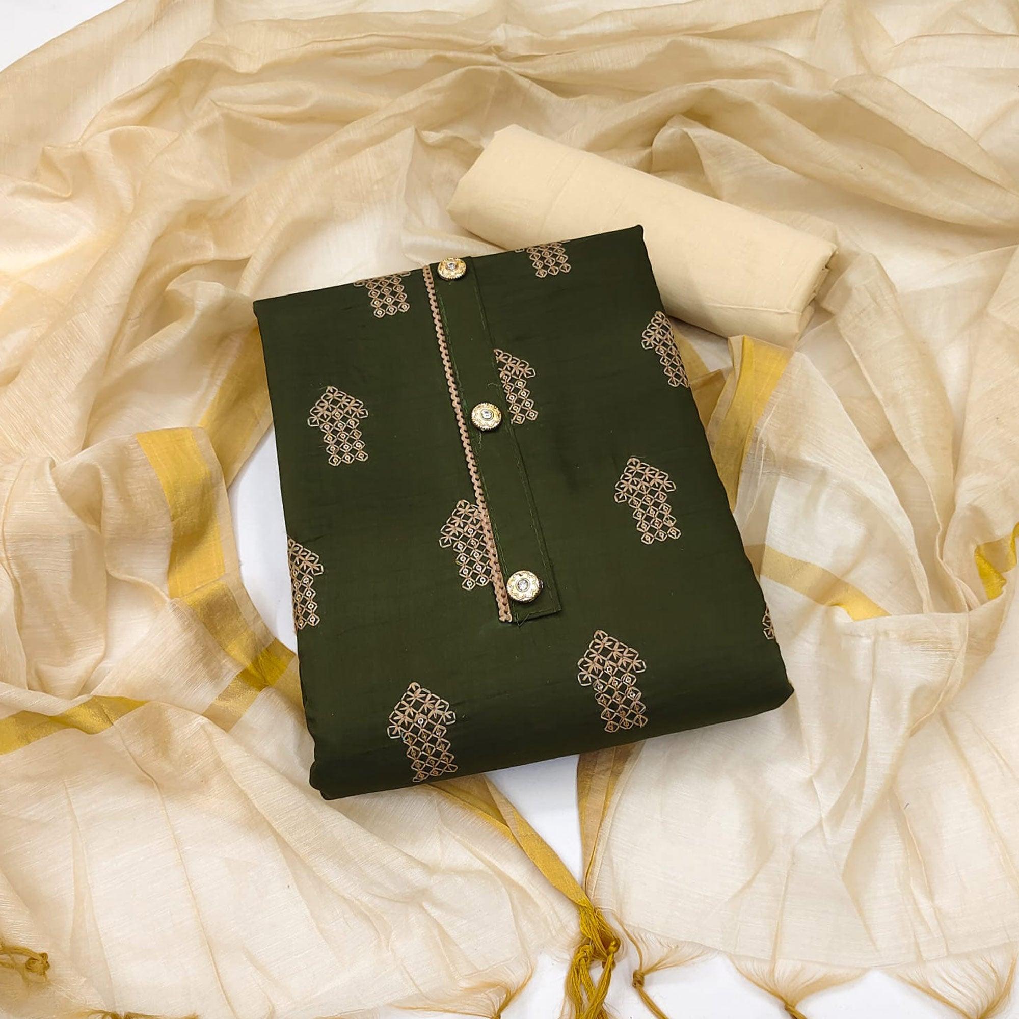 Green Embellished With Embroidered Cotton Blend Dress Material - Peachmode