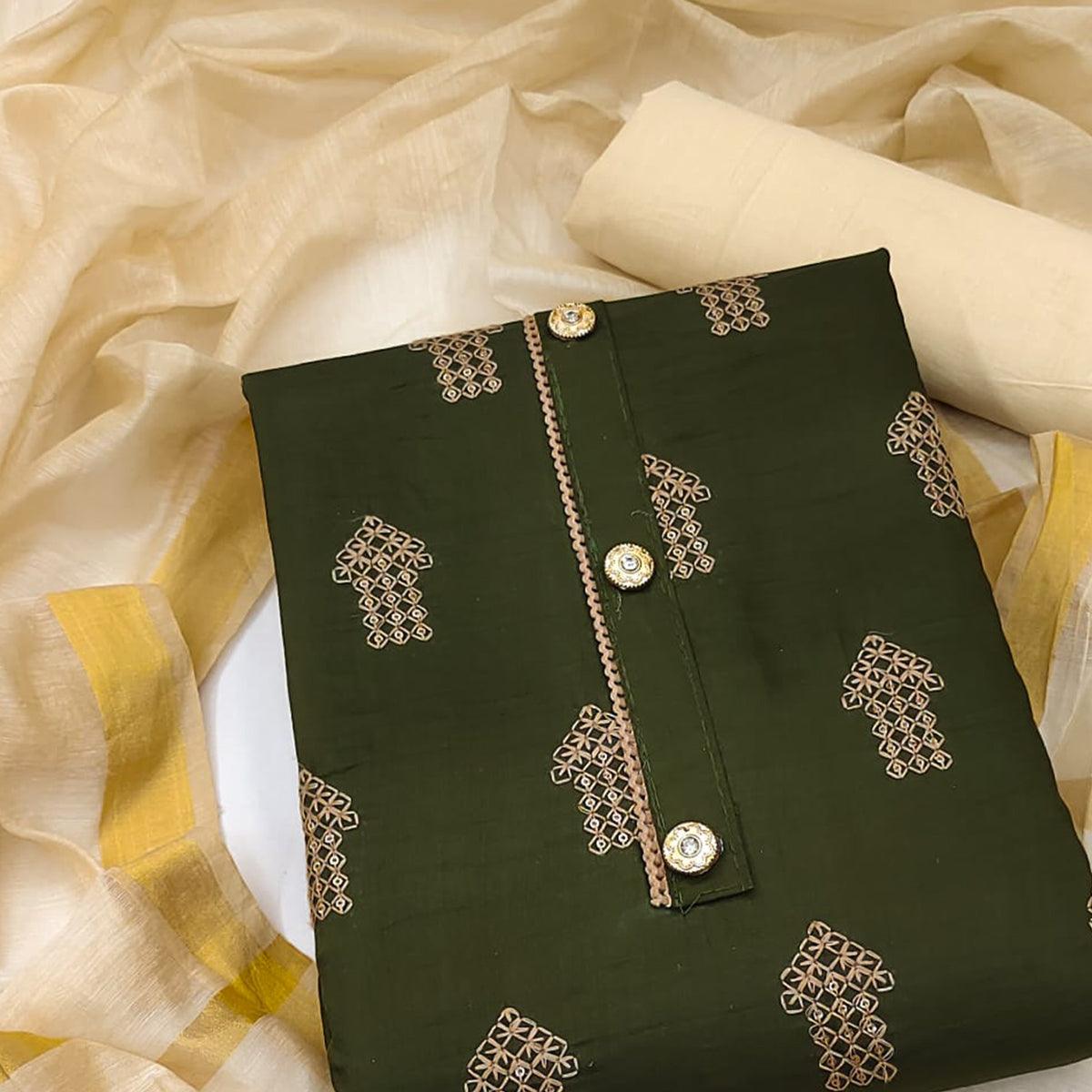 Green Embellished With Embroidered Cotton Blend Dress Material - Peachmode
