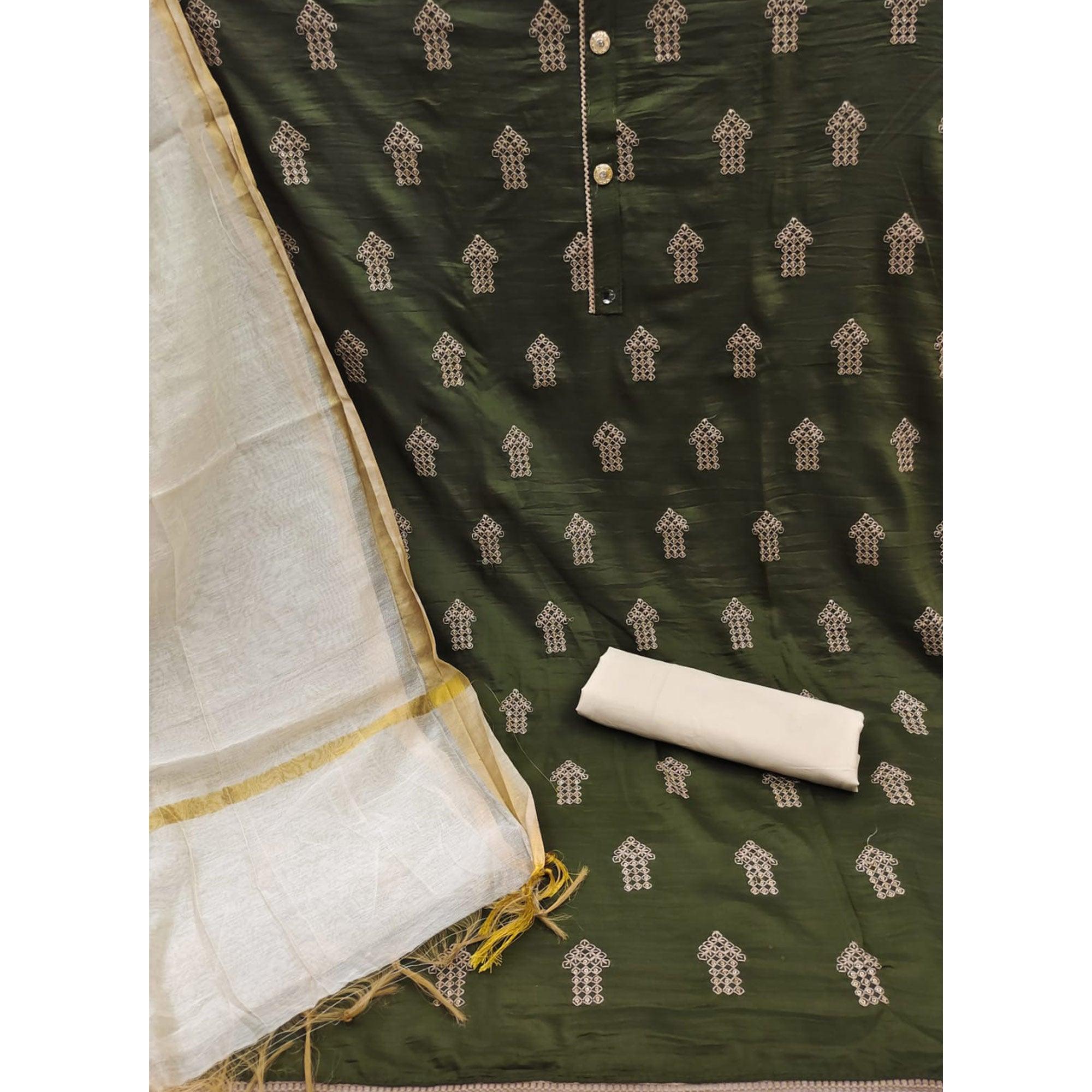 Green Embellished With Embroidered Cotton Blend Dress Material - Peachmode