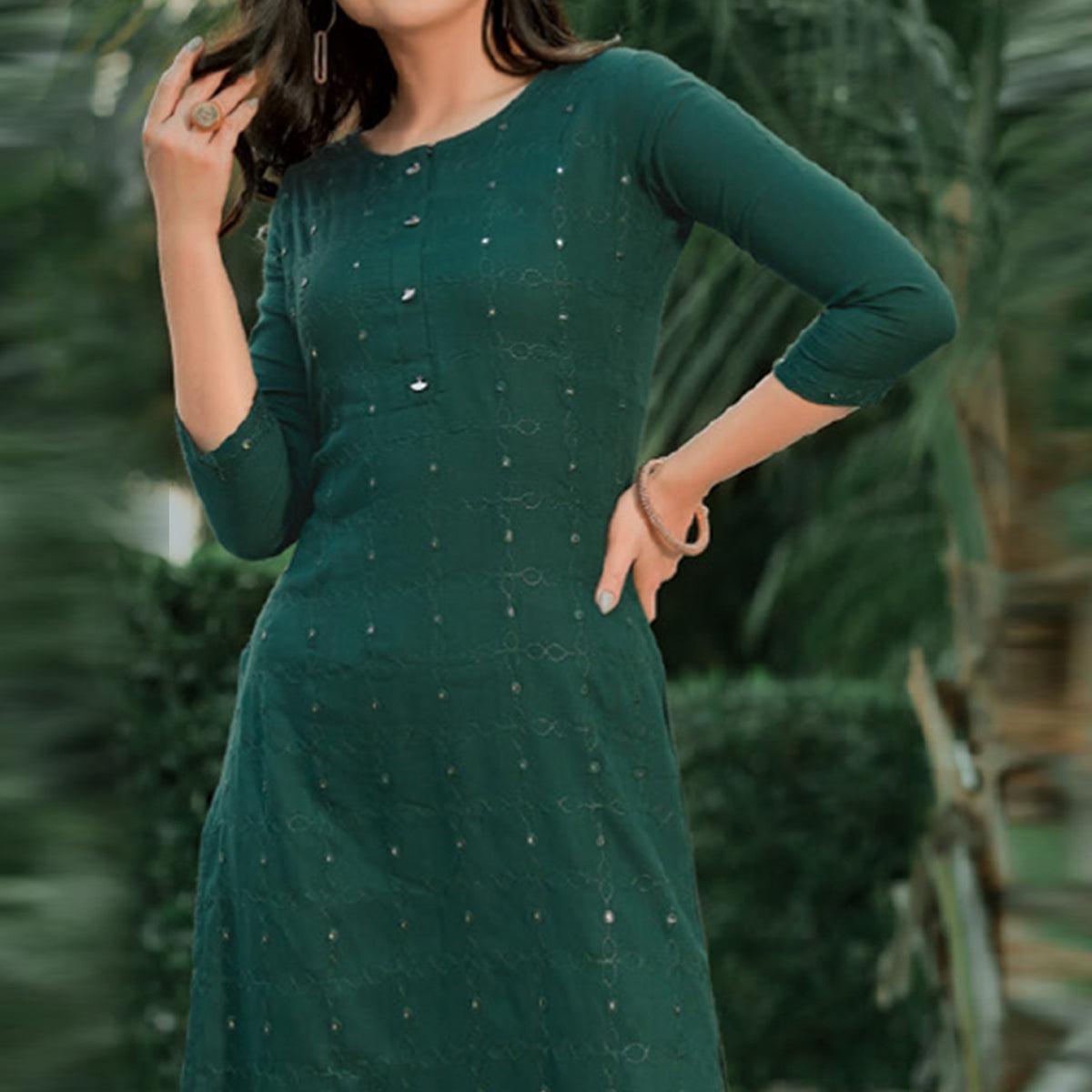 Green Embellished With Embroidered Cotton Kurti - Peachmode