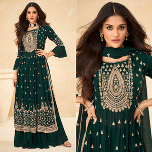 Green Embellished With Embroidered Georgette Palazzo Suit - Peachmode