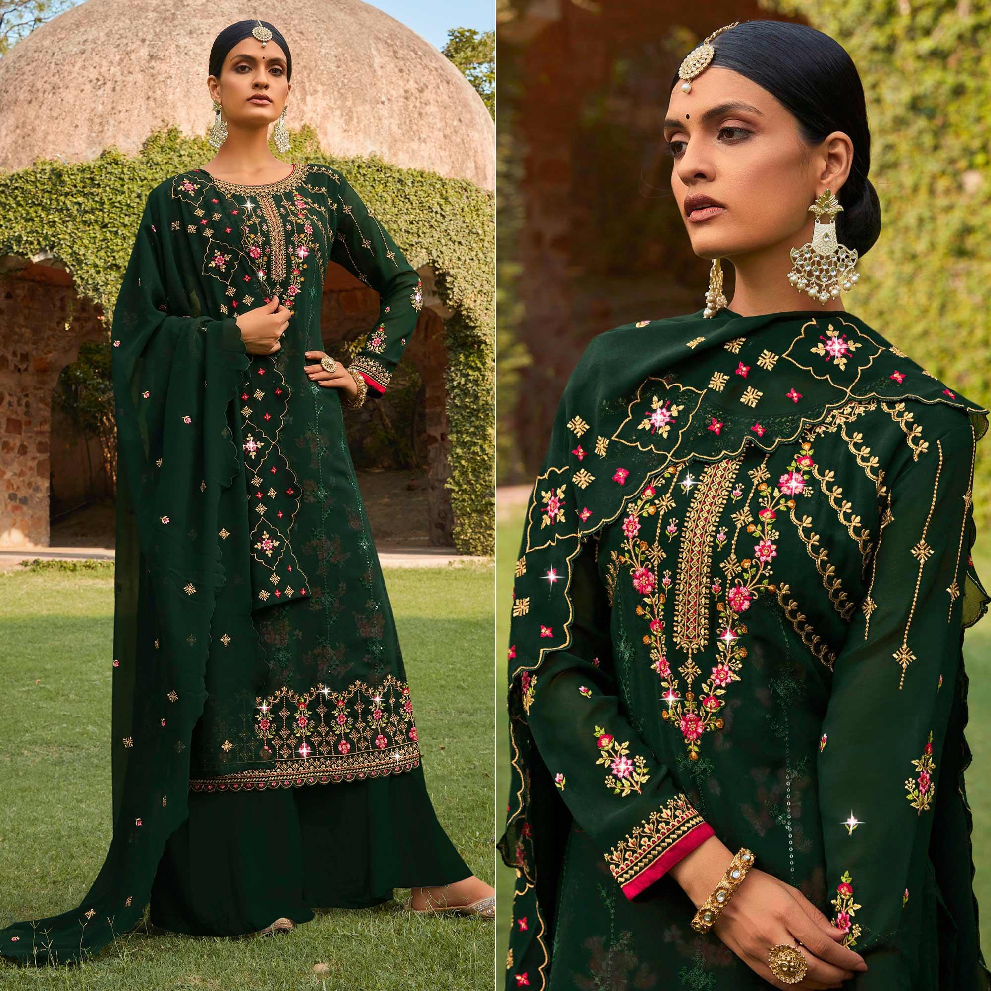 Green Embellished With Embroidered Georgette Palazzo Suit - Peachmode