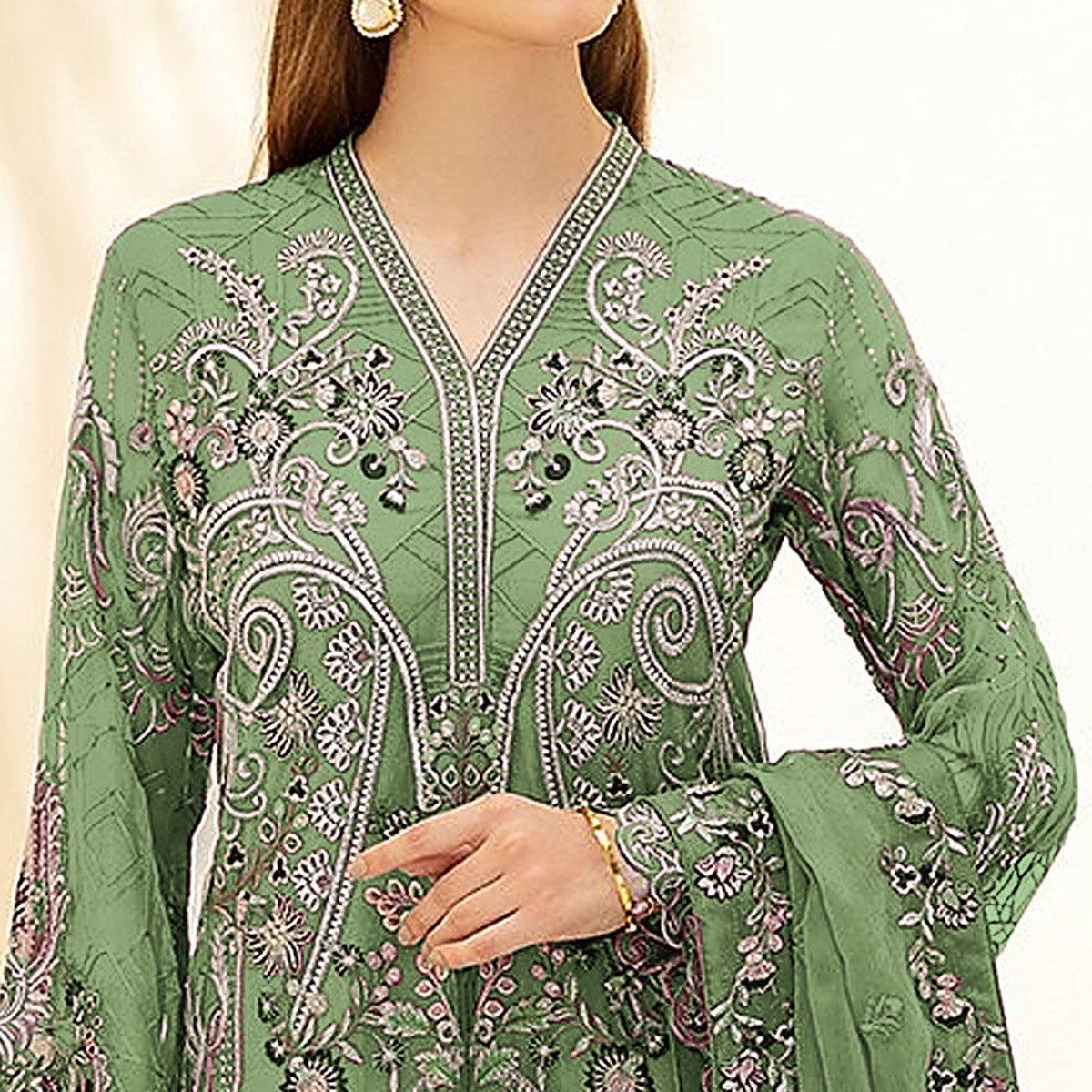 Green Embellished With Embroidered Georgette Palazzo Suit - Peachmode