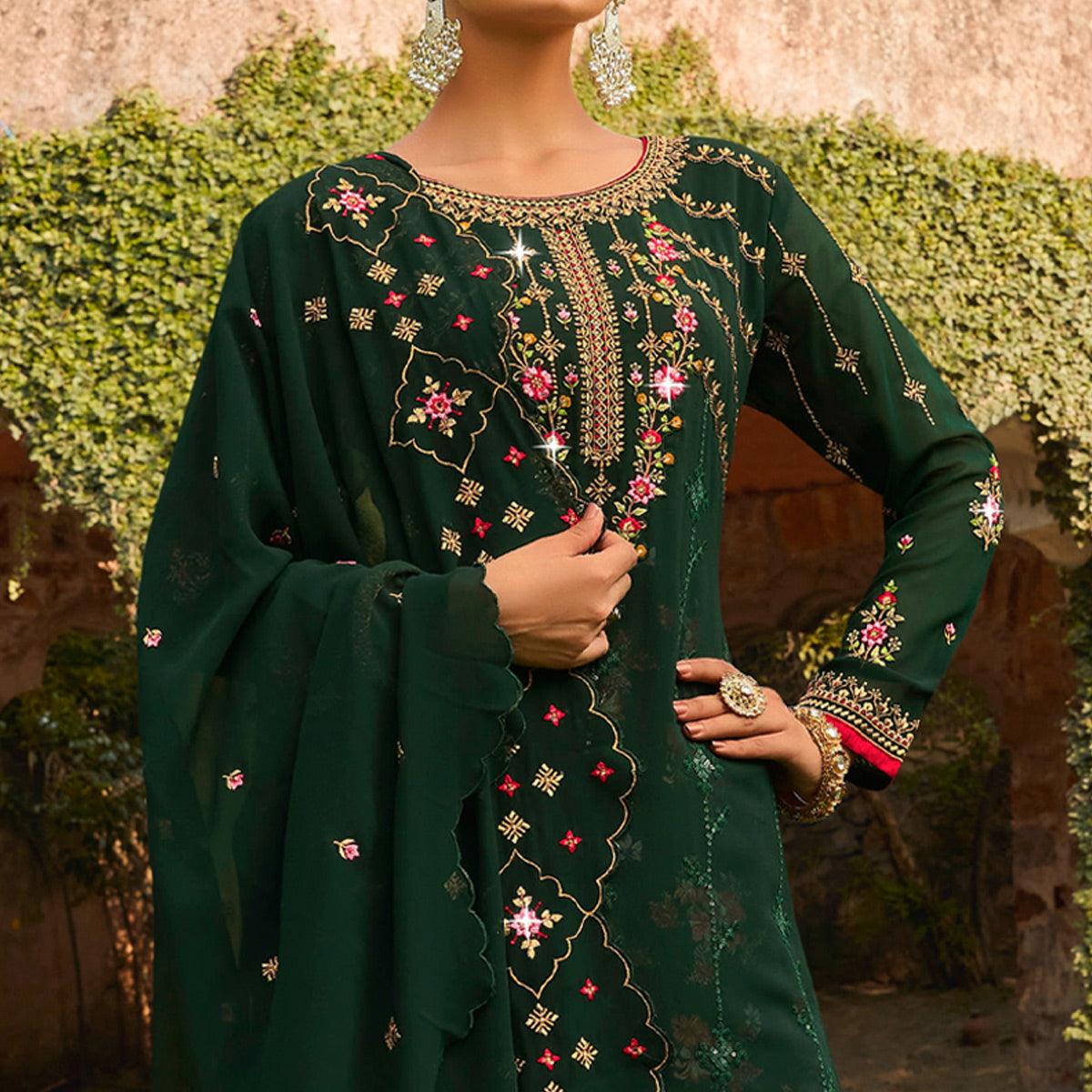 Green Embellished With Embroidered Georgette Palazzo Suit - Peachmode