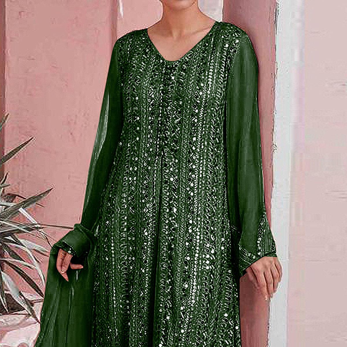 Green Embellished With Embroidered Georgette Palazzo Suit - Peachmode