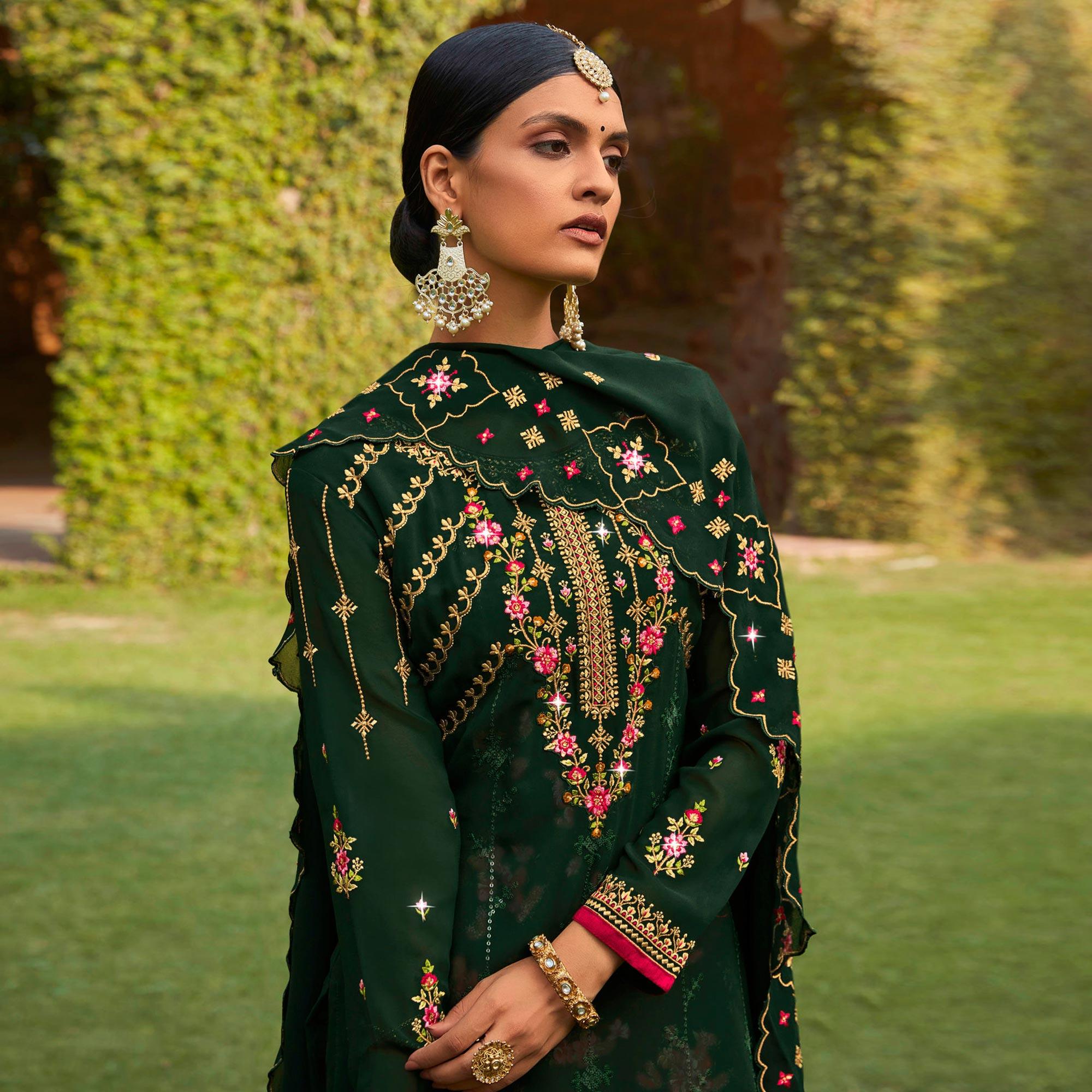 Green Embellished With Embroidered Georgette Palazzo Suit - Peachmode