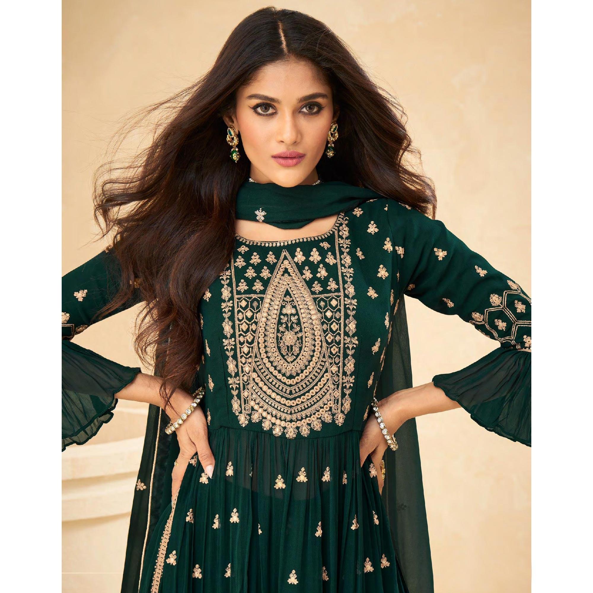 Green Embellished With Embroidered Georgette Palazzo Suit - Peachmode