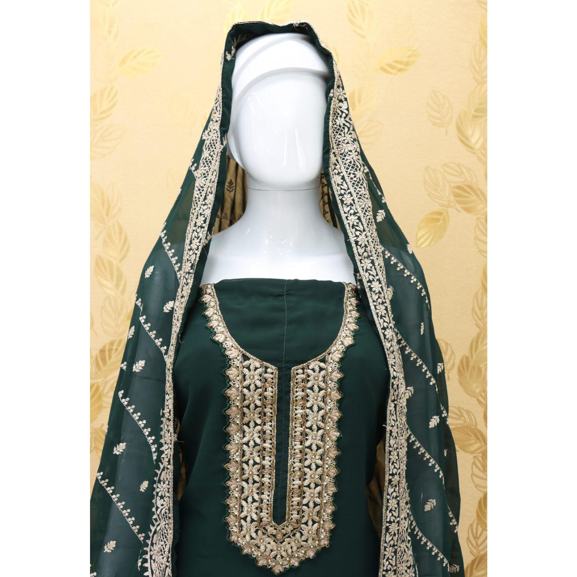 Green Embellished With Embroidered Georgette Palazzo Suit - Peachmode