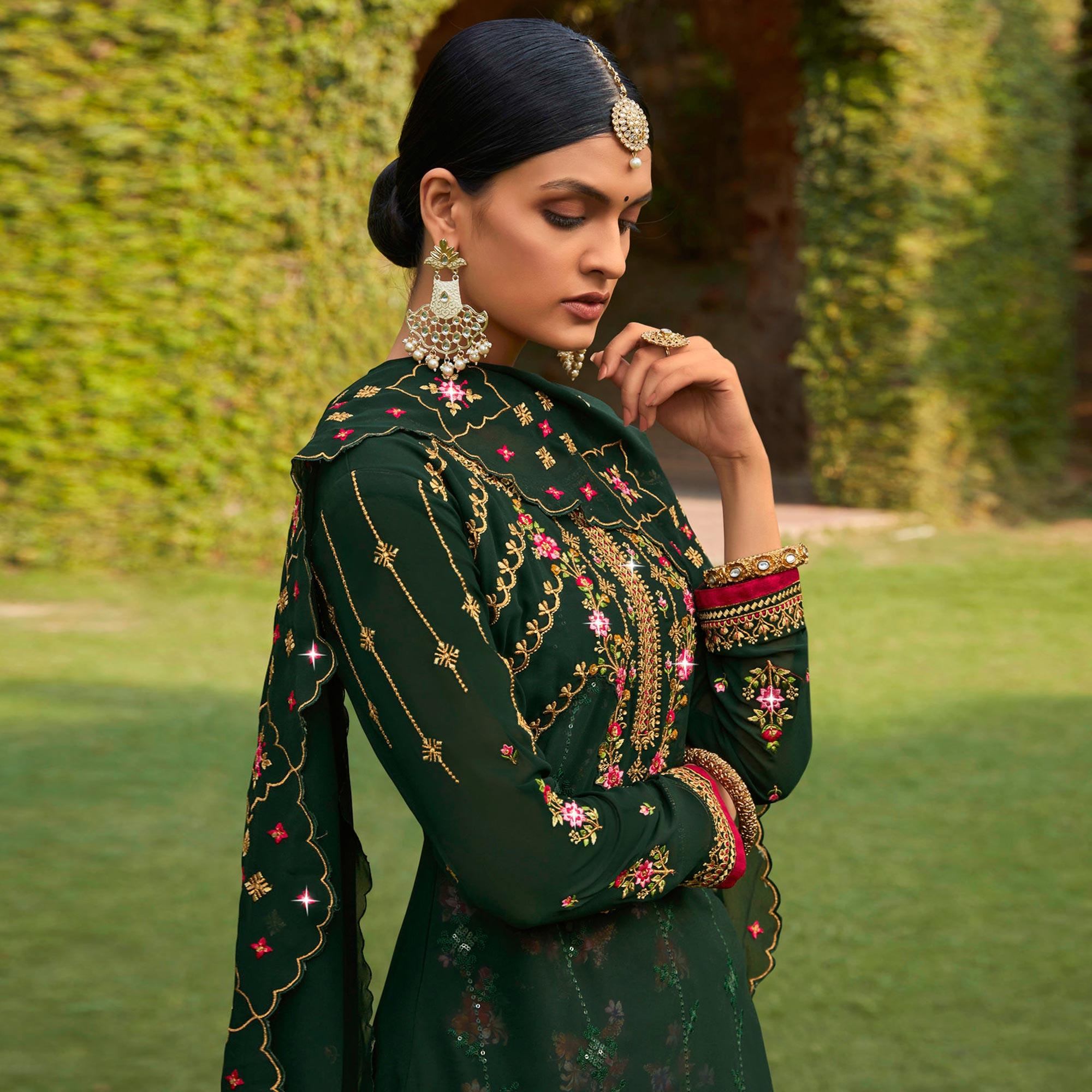 Green Embellished With Embroidered Georgette Palazzo Suit - Peachmode
