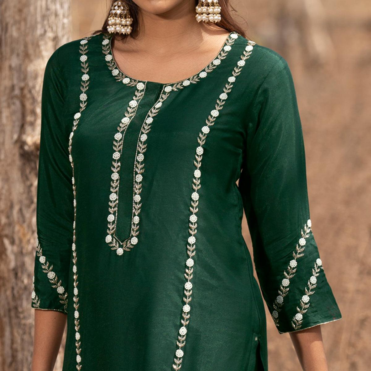 Green Embellished With Embroidered Muslin Kurti Pant Set With Dupatta - Peachmode