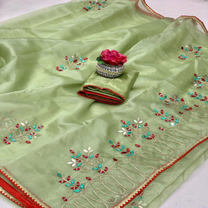 Green Embellished With Embroidered Organza Saree - Peachmode