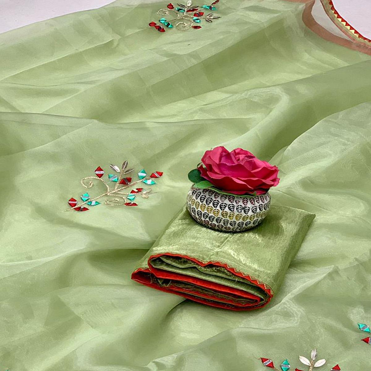 Green Embellished With Embroidered Organza Saree - Peachmode