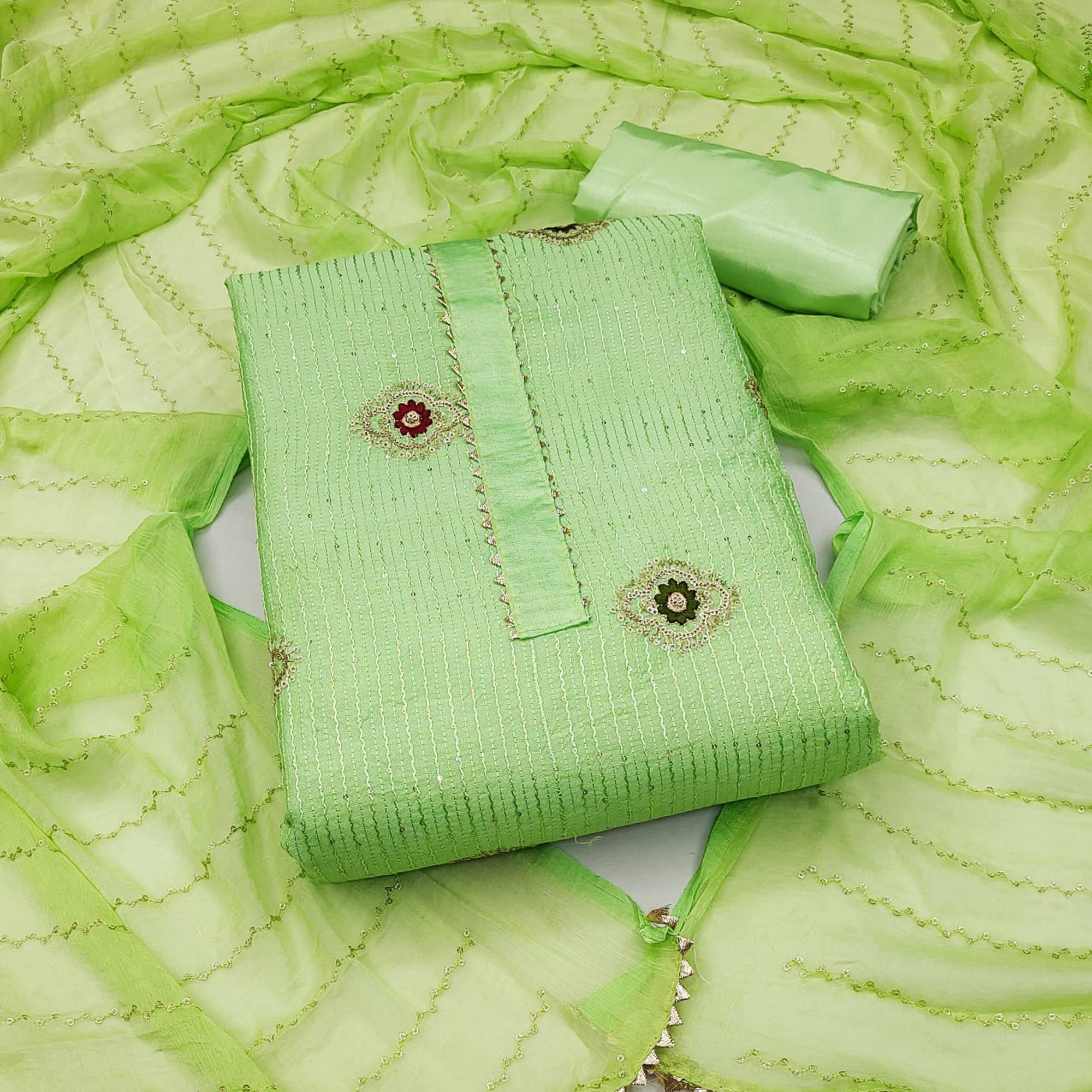 Green Embellished With Embroidered Poly Cotton Dress Material - Peachmode