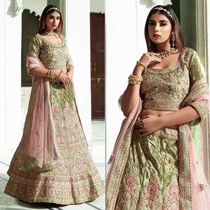 Green Embellished With Embroidered Velvet Lehenga Choli - Peachmode