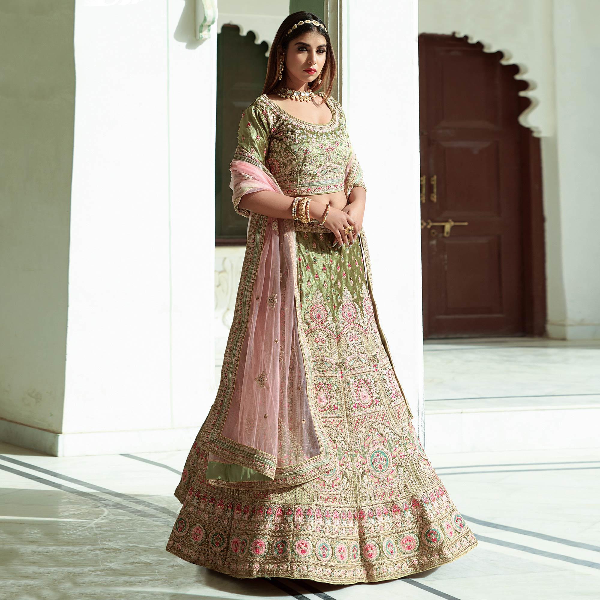 Green Embellished With Embroidered Velvet Lehenga Choli - Peachmode