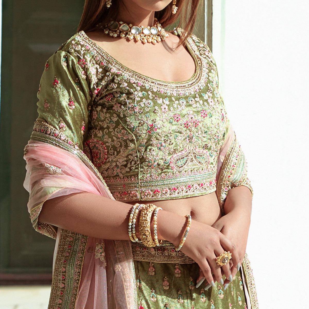 Green Embellished With Embroidered Velvet Lehenga Choli - Peachmode