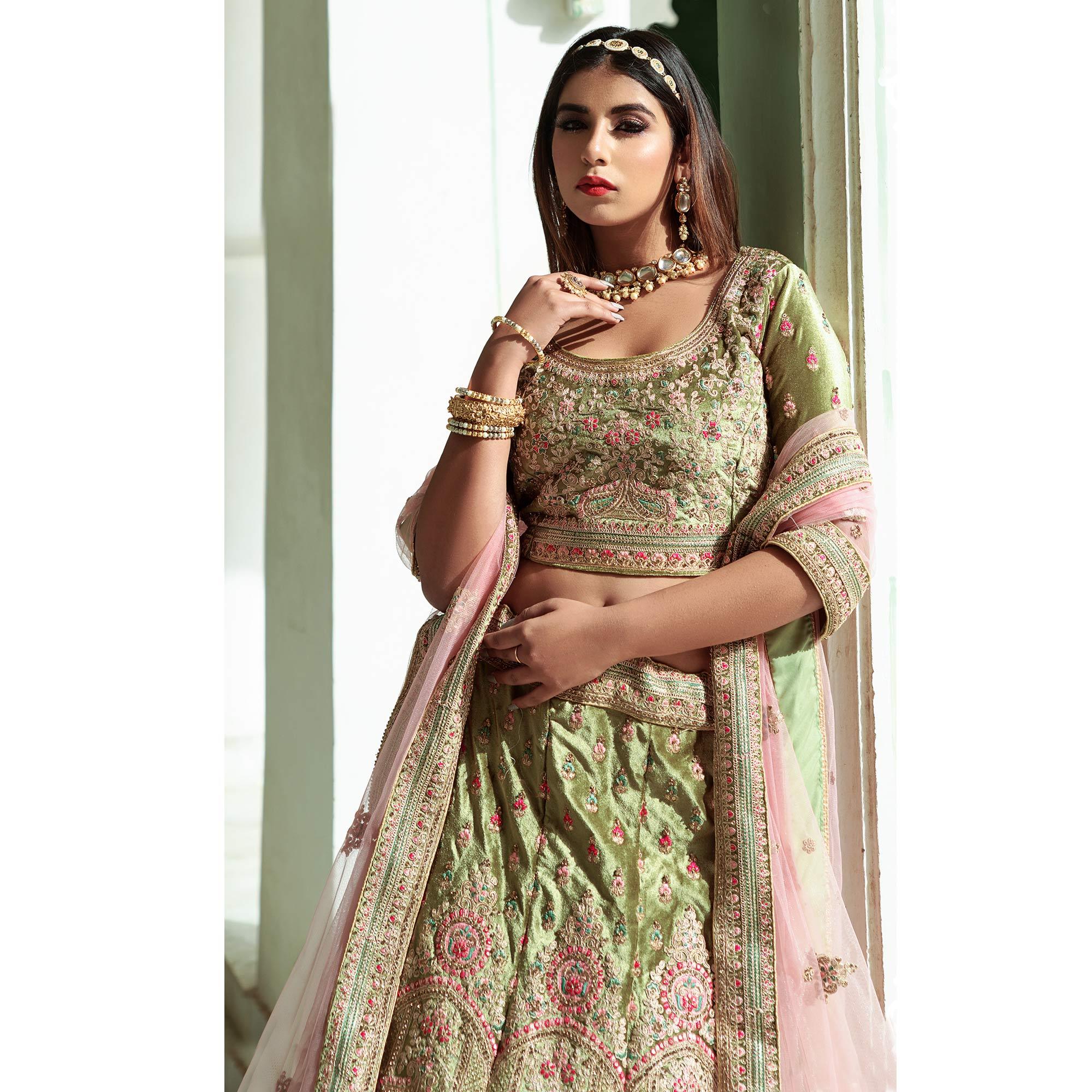 Green Embellished With Embroidered Velvet Lehenga Choli - Peachmode