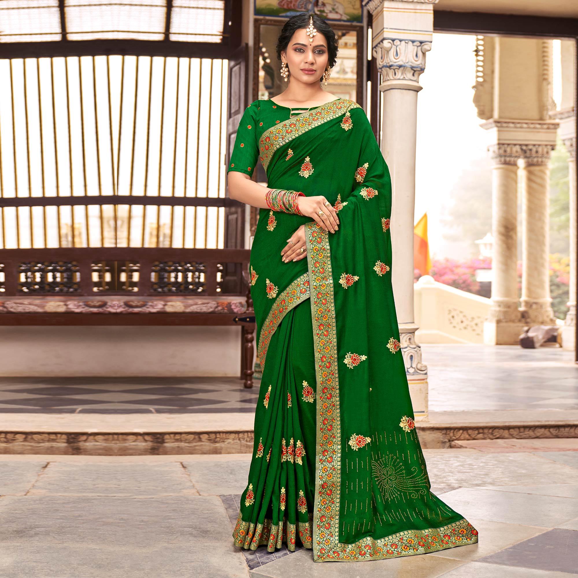 Green Embellished With Embroidered Vichitra Silk Saree - Peachmode