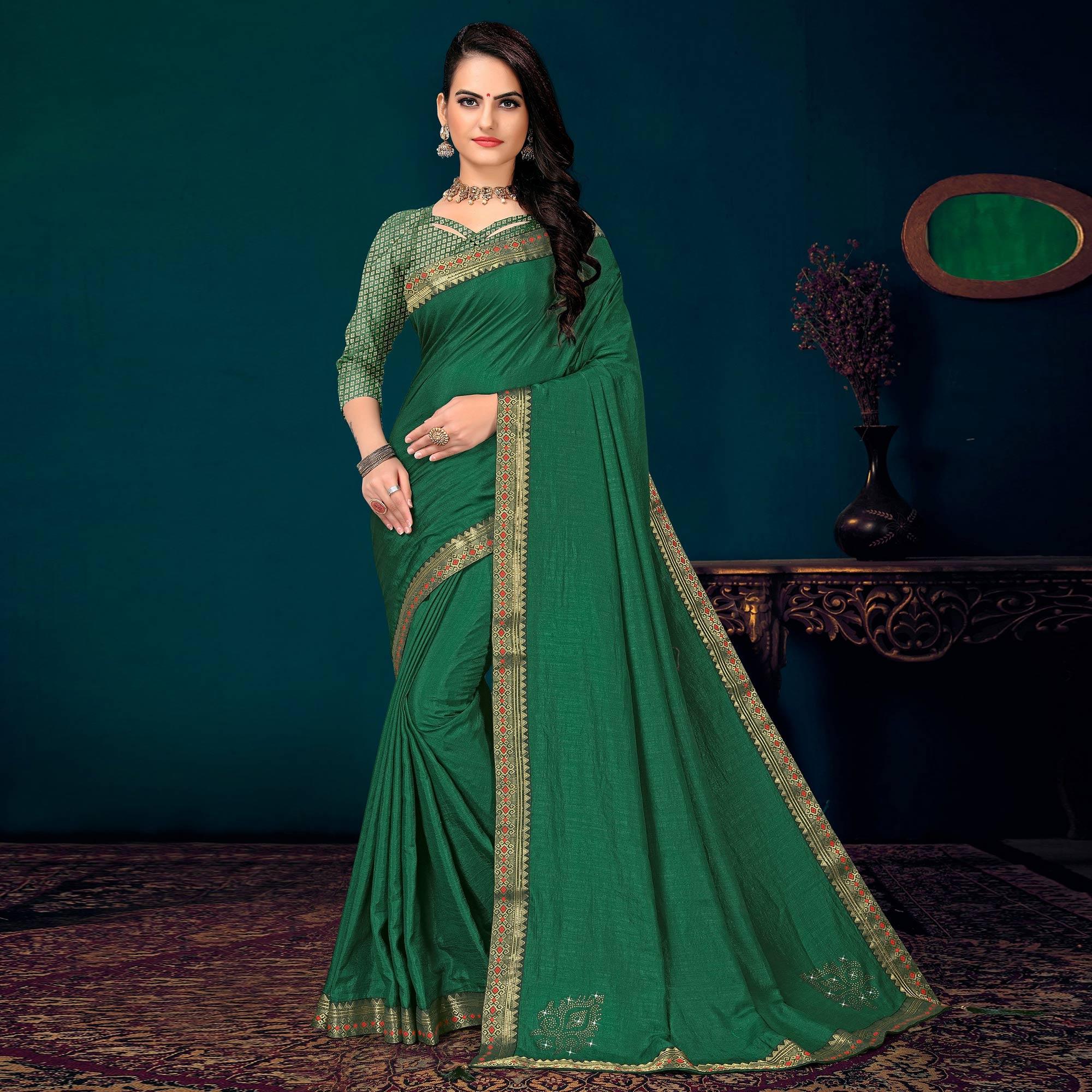 Green Embellished With Embroidered Vichitra Silk Saree - Peachmode