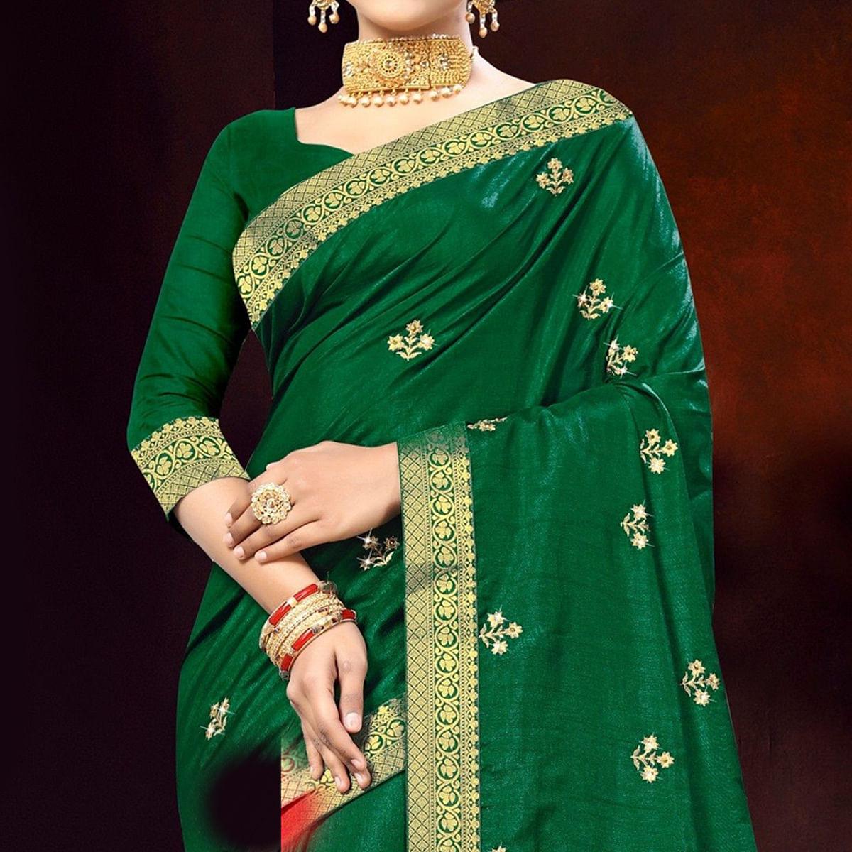 Green Embellished With Embroidered Vichitra Silk Saree - Peachmode